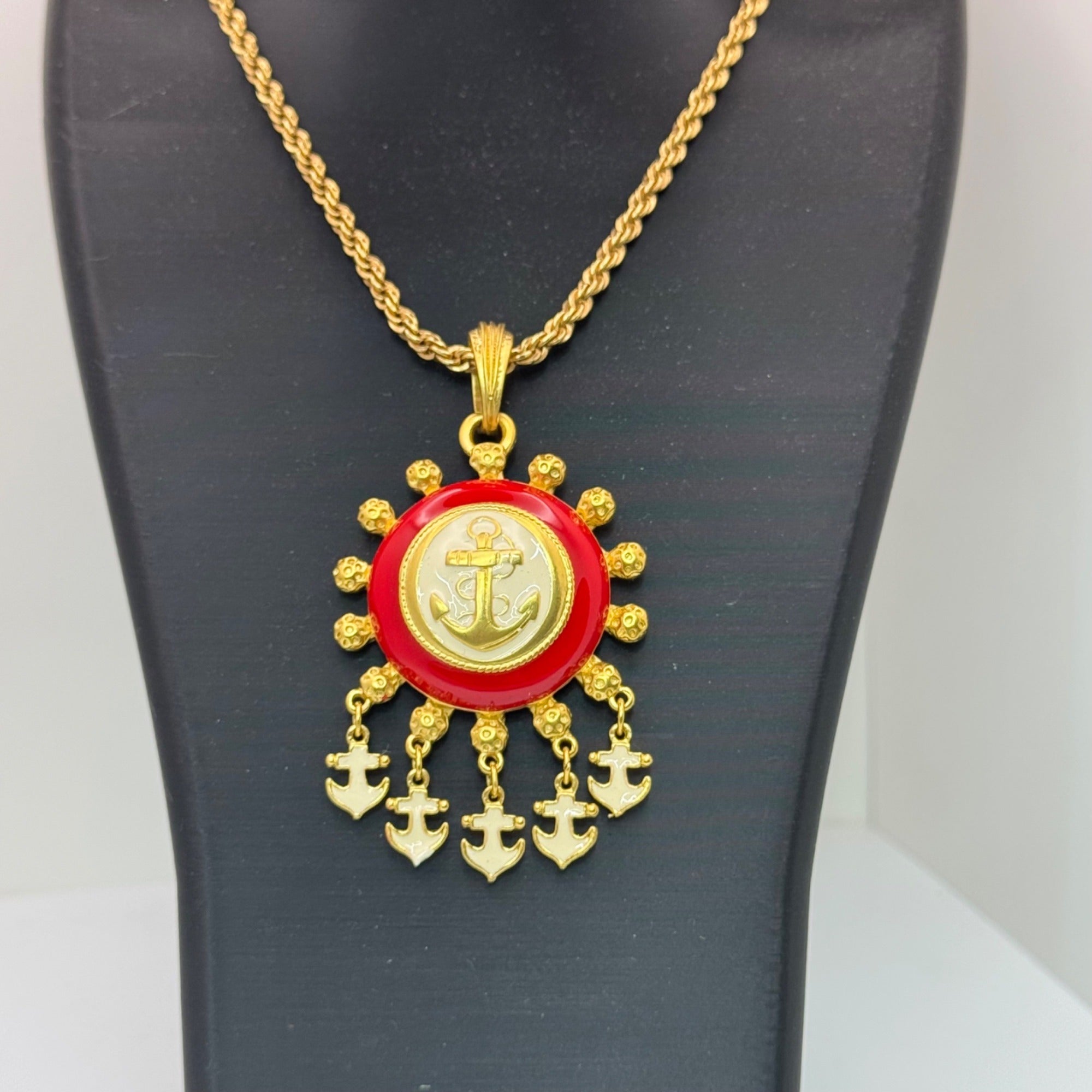 1/20 12K GF Nautical Anchor Statement Necklace Red White Enamel Pendant Charms