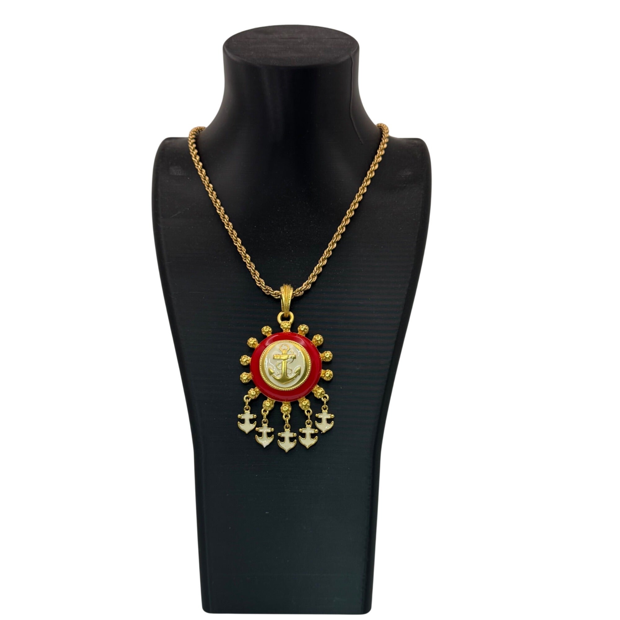1/20 12K GF Nautical Anchor Statement Necklace Red White Enamel Pendant Charms