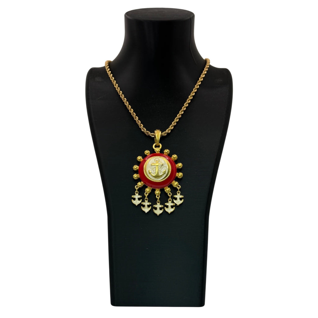 1/20 12K GF Nautical Anchor Statement Necklace Red White Enamel Pendant Charms