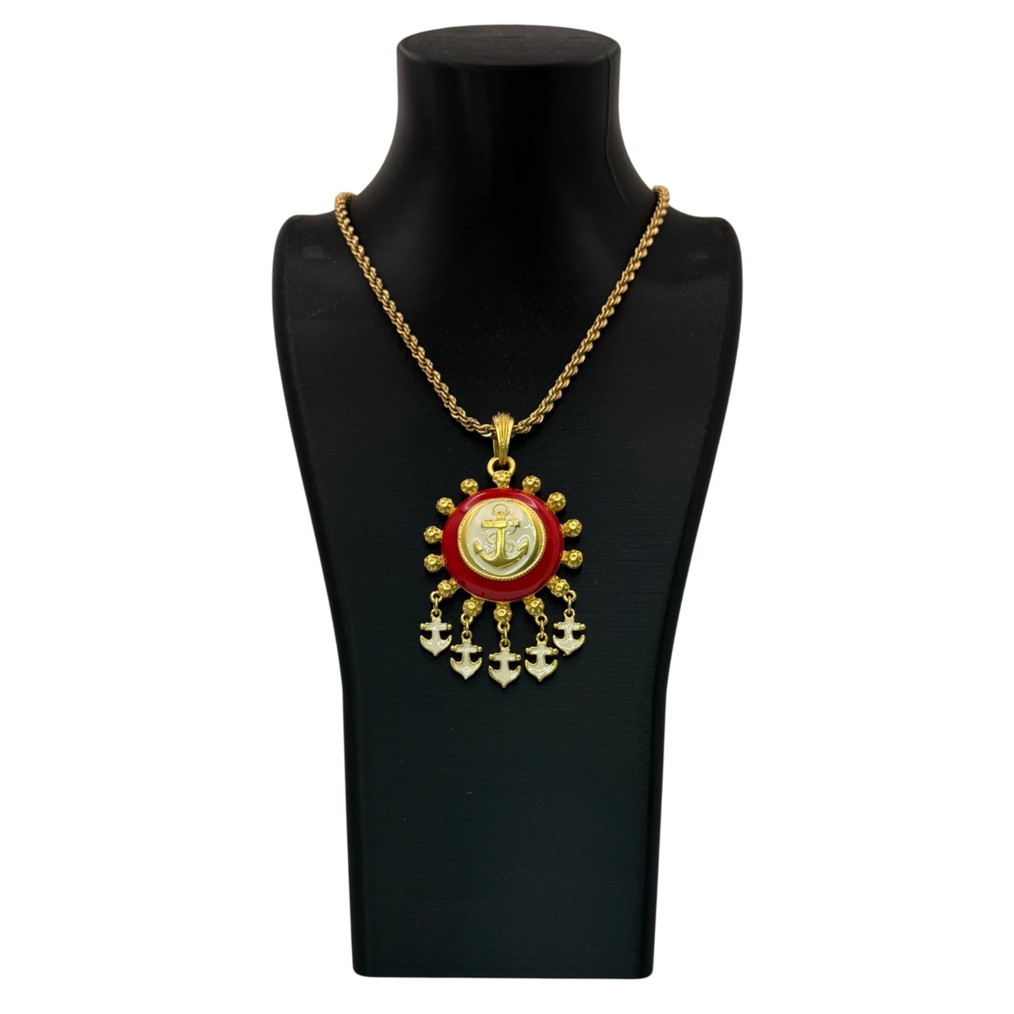 1/20 12K GF Nautical Anchor Statement Necklace Red White Enamel Pendant Charms