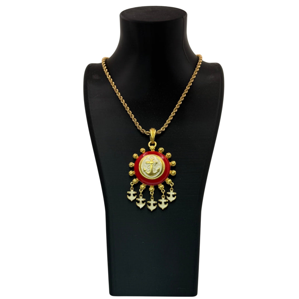 1/20 12K GF Nautical Anchor Statement Necklace Red White Enamel Pendant Charms