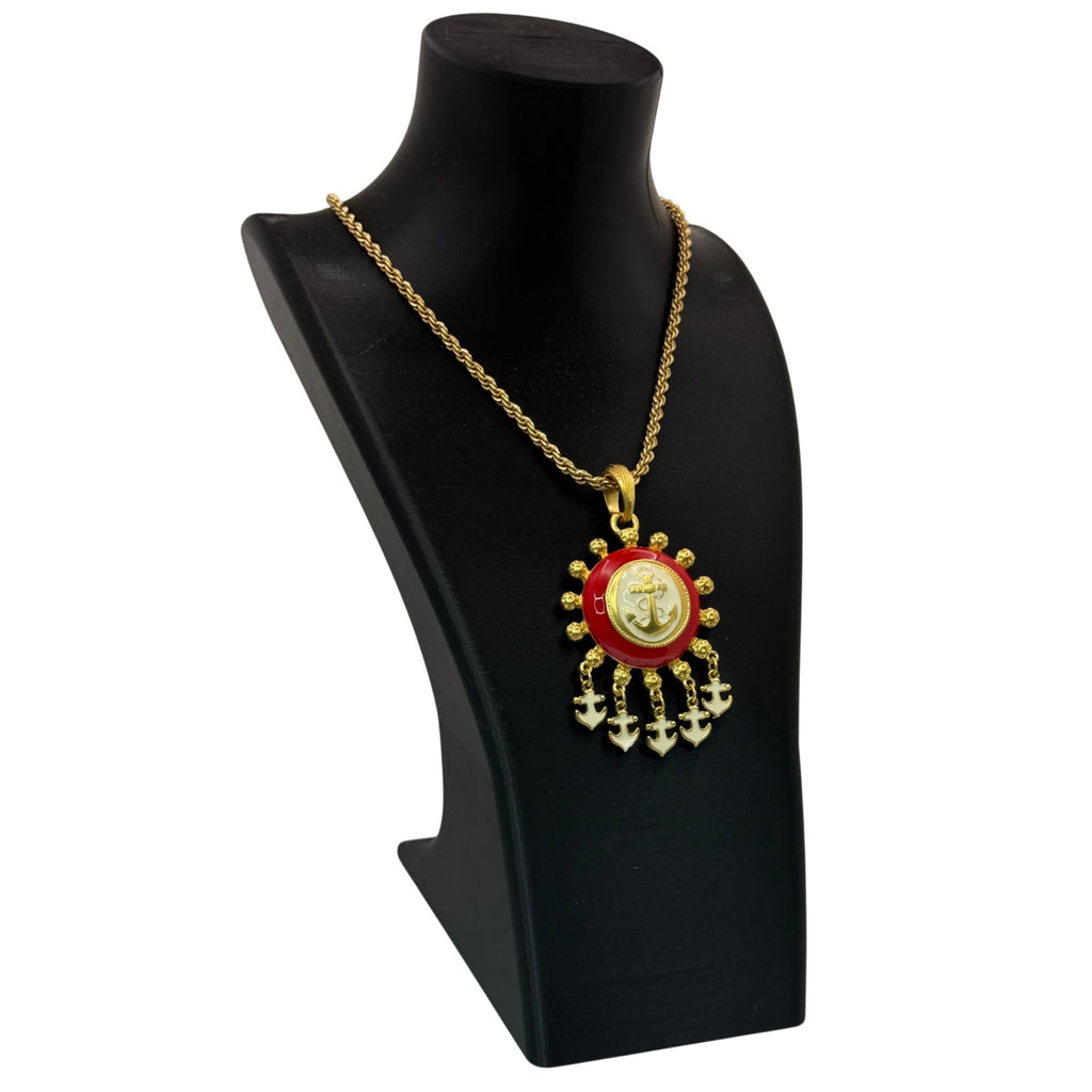 1/20 12K GF Nautical Anchor Statement Necklace Red White Enamel Pendant Charms