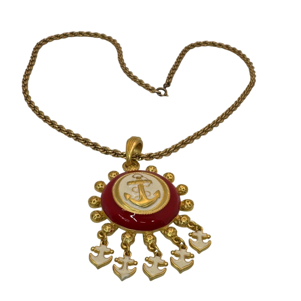 1/20 12K GF Nautical Anchor Statement Necklace Red White Enamel Pendant Charms