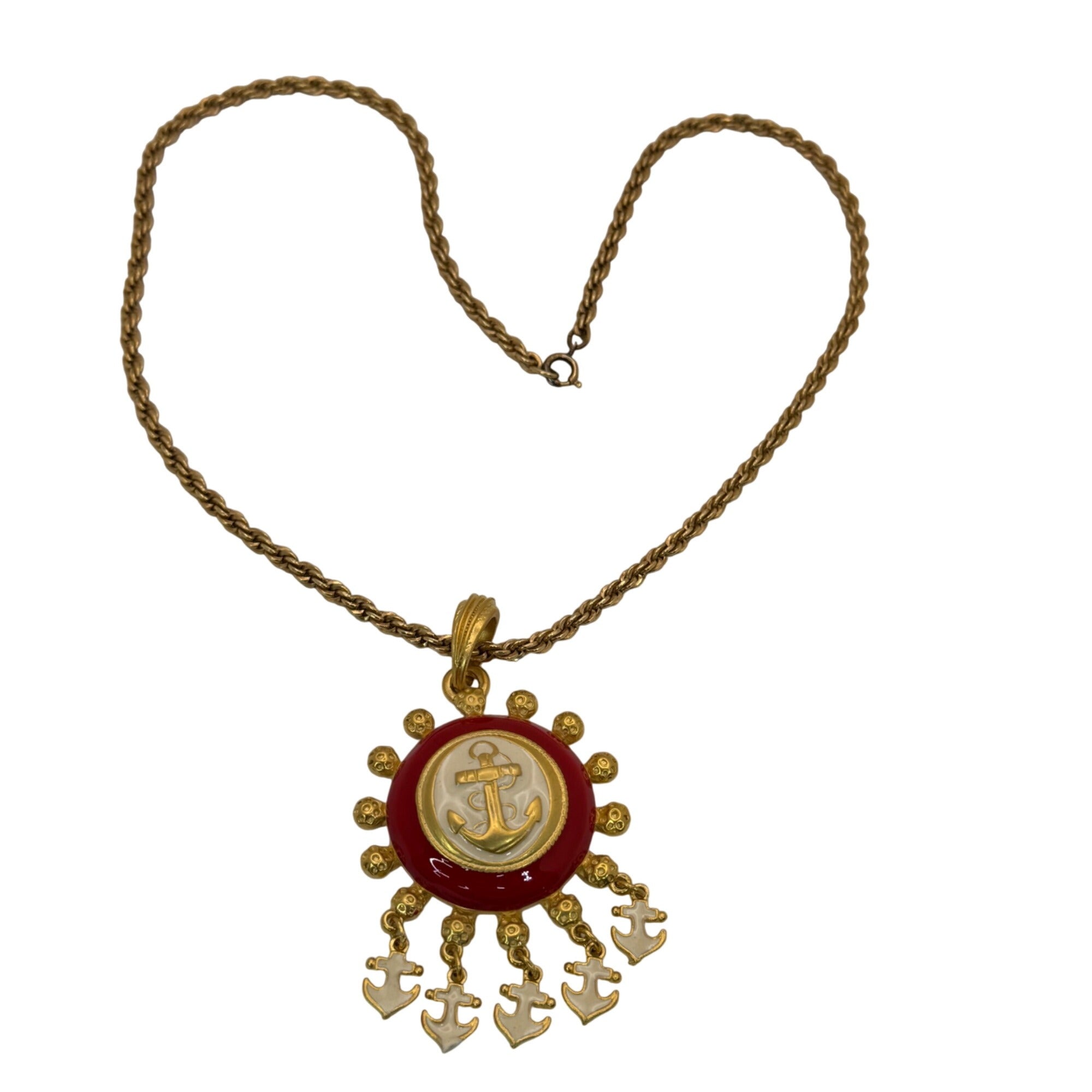 1/20 12K GF Nautical Anchor Statement Necklace Red White Enamel Pendant Charms