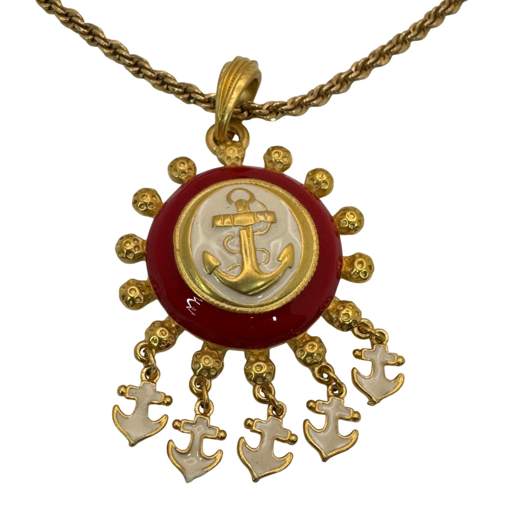 1/20 12K GF Nautical Anchor Statement Necklace Red White Enamel Pendant Charms