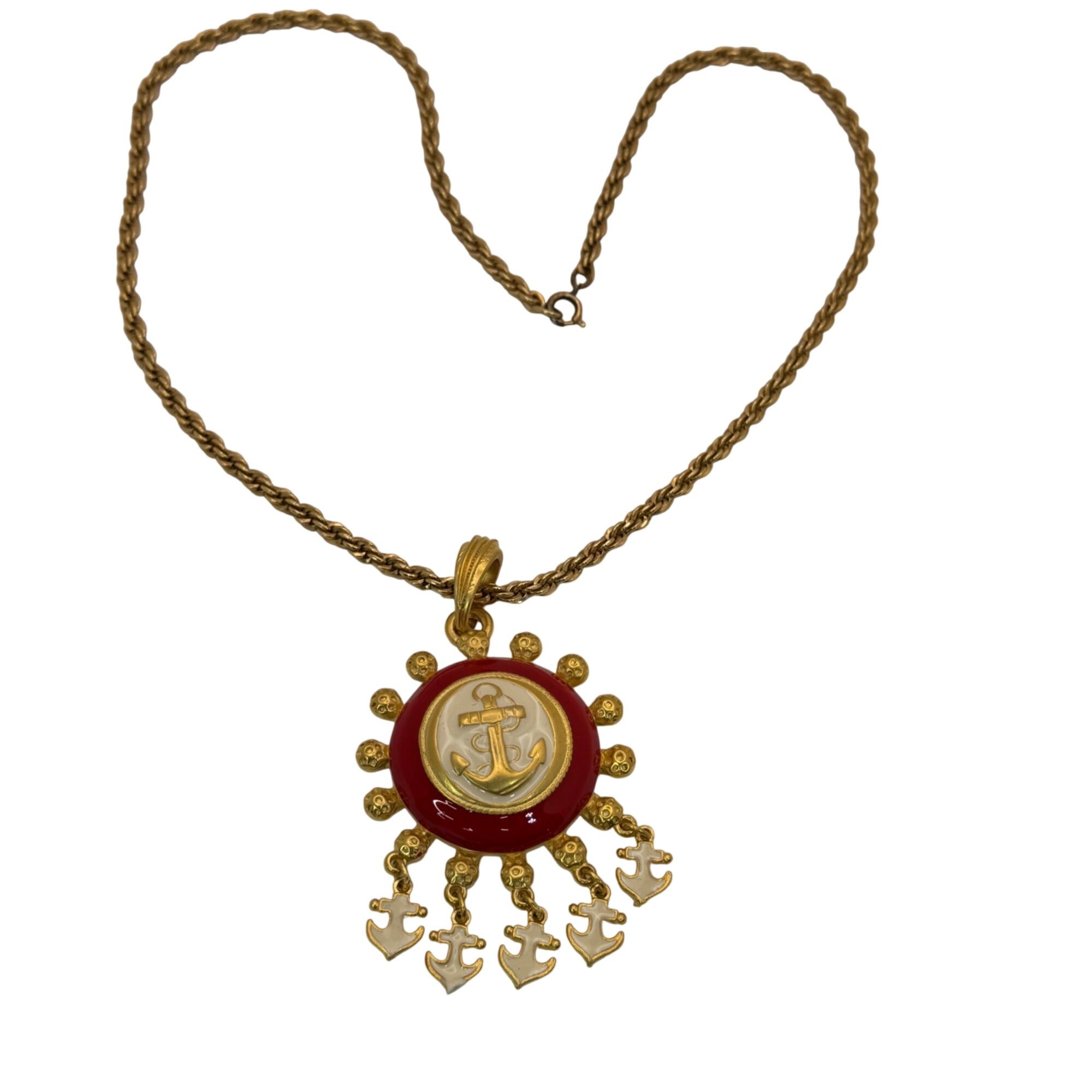 1/20 12K GF Nautical Anchor Statement Necklace Red White Enamel Pendant Charms
