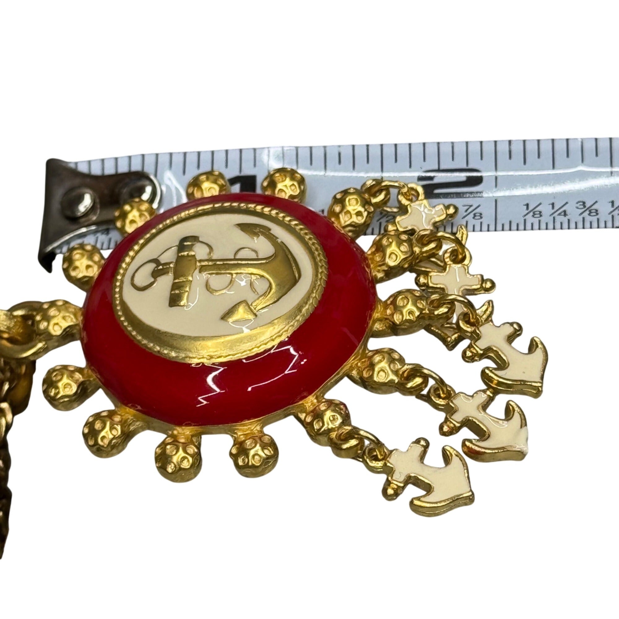 1/20 12K GF Nautical Anchor Statement Necklace Red White Enamel Pendant Charms