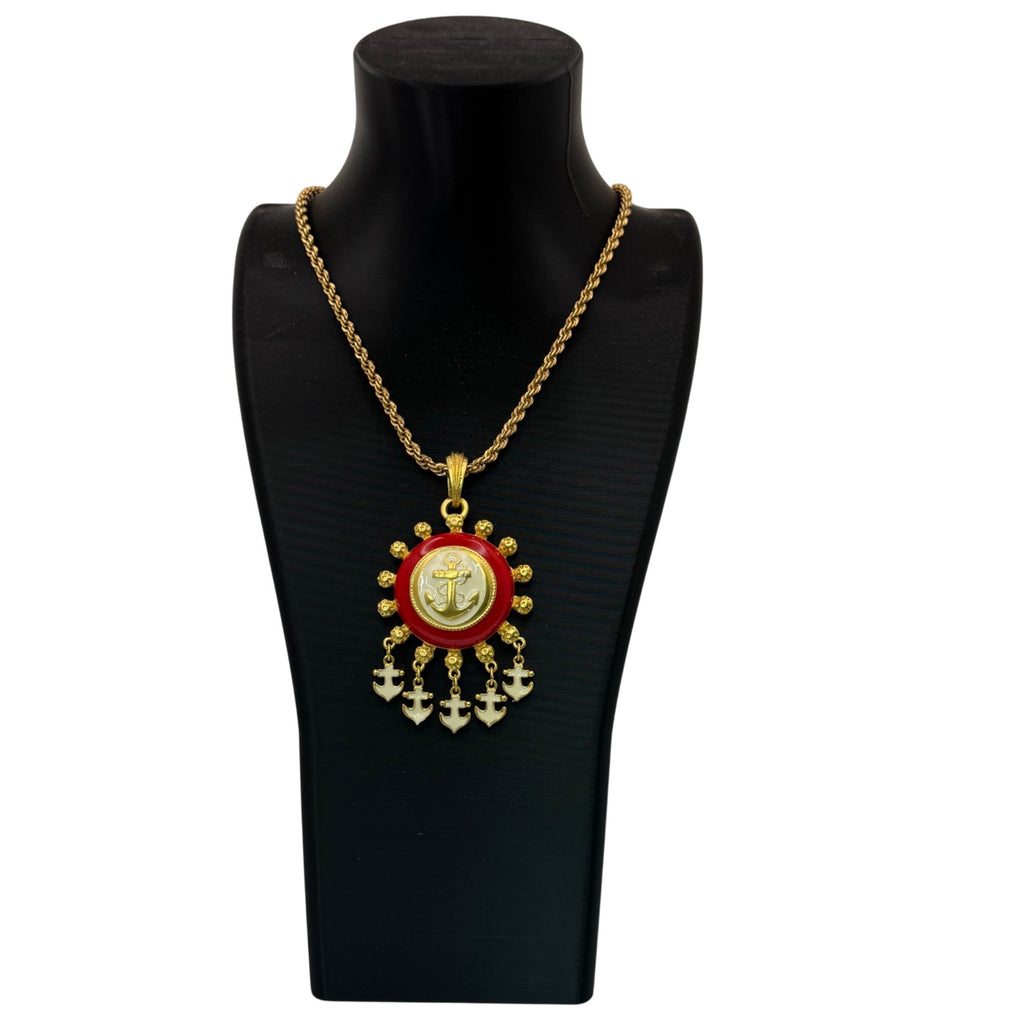 1/20 12K GF Nautical Anchor Statement Necklace Red White Enamel Pendant Charms