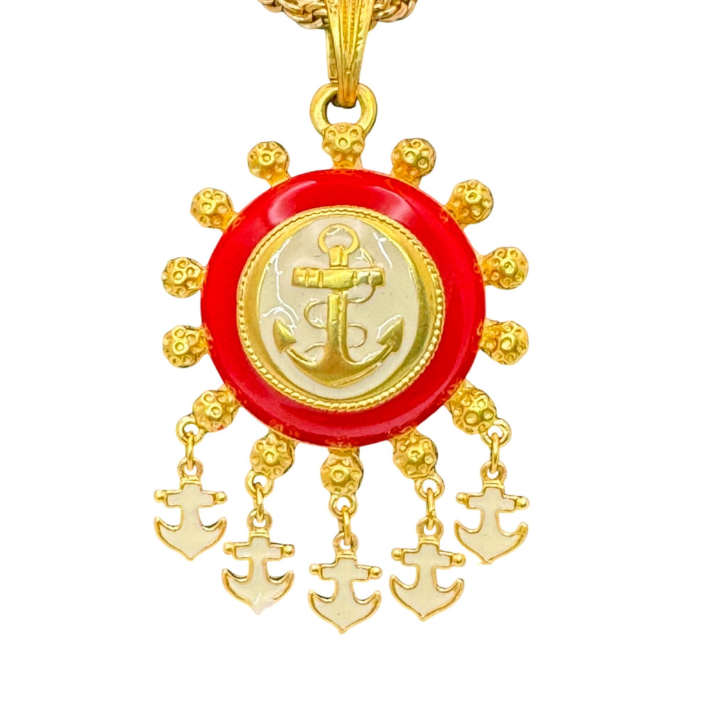 1/20 12K GF Nautical Anchor Statement Necklace Red White Enamel Pendant Charms