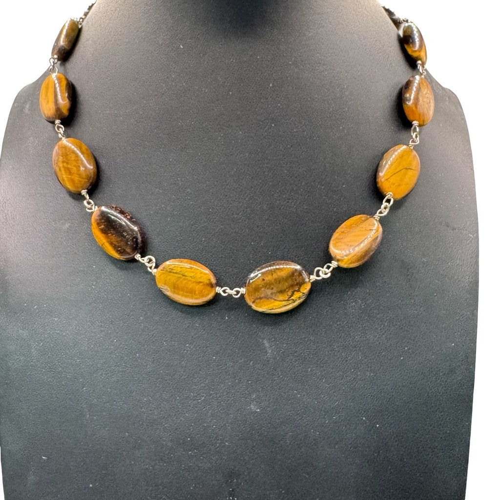 Tigers Eye & Sterling Silver Beaded Necklace Choker BibToggle Clasp 15" Gemstone