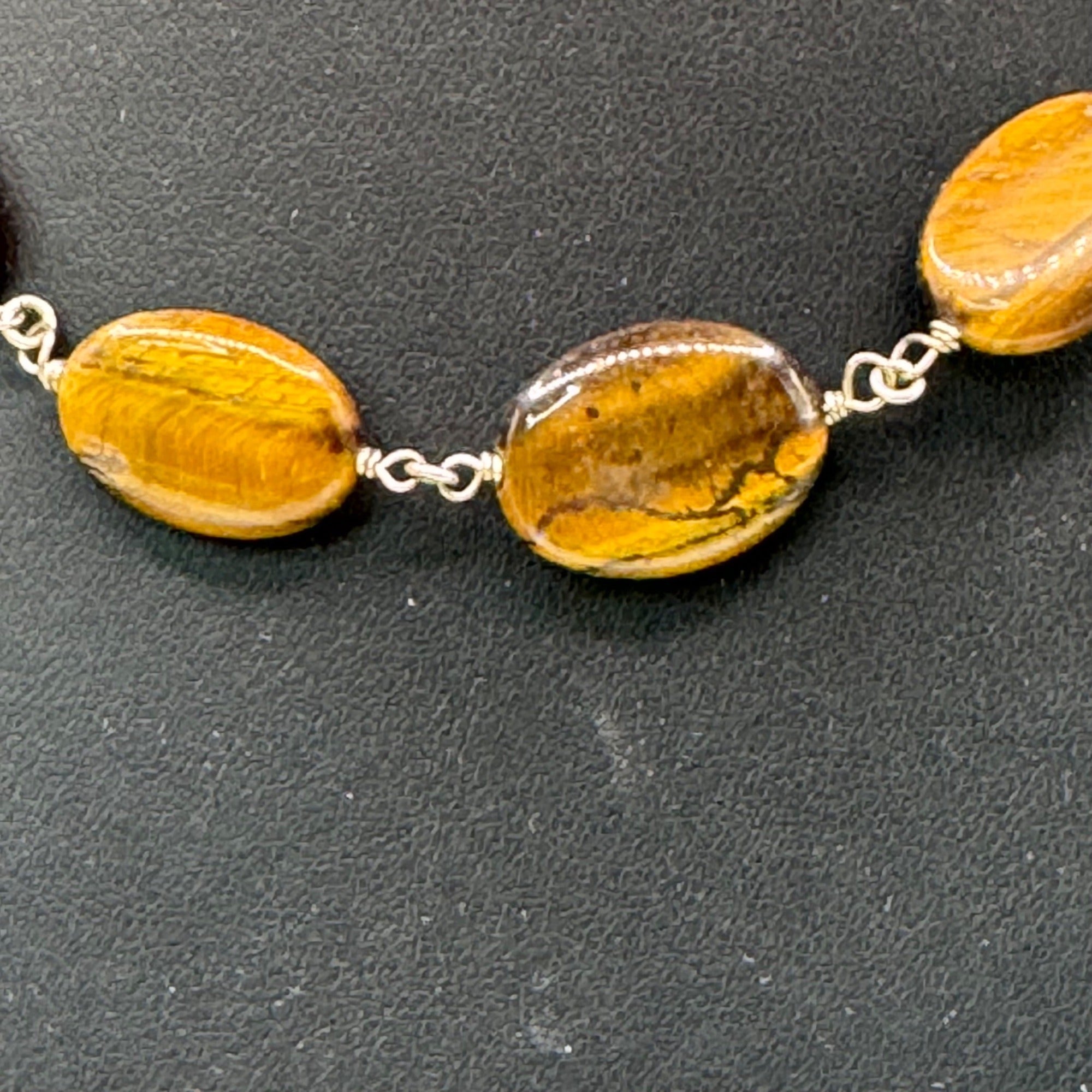 Tigers Eye & Sterling Silver Beaded Necklace Choker BibToggle Clasp 15" Gemstone