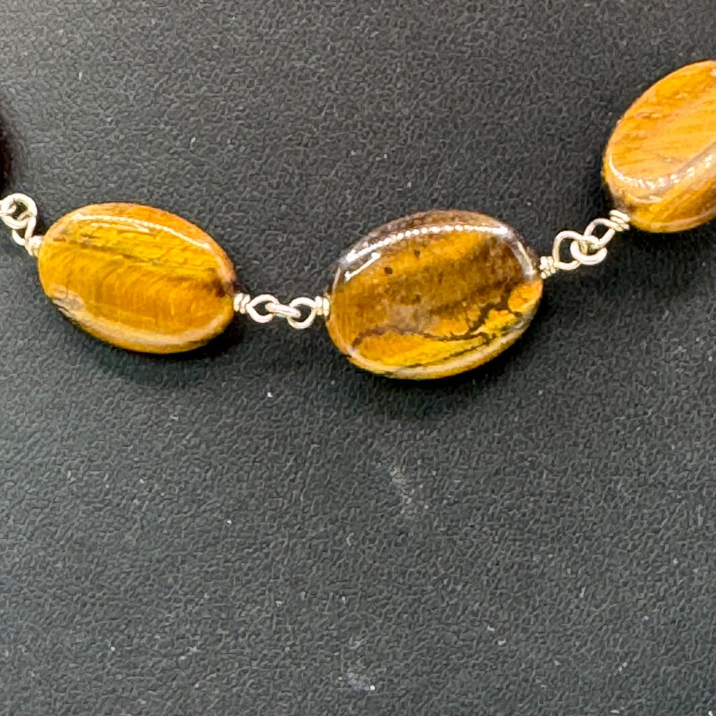 Tigers Eye & Sterling Silver Beaded Necklace Choker BibToggle Clasp 15" Gemstone