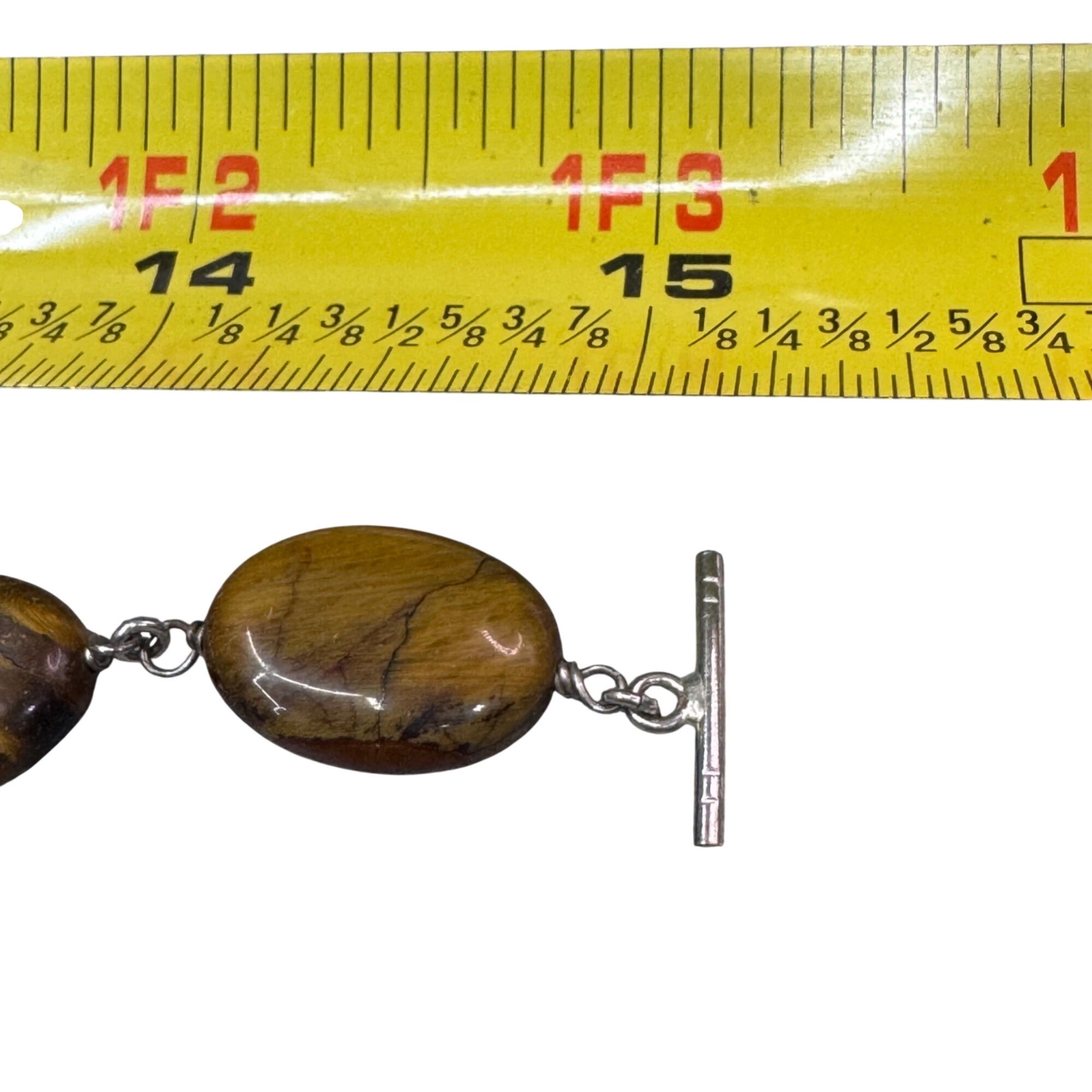 Tigers Eye & Sterling Silver Beaded Necklace Choker BibToggle Clasp 15" Gemstone