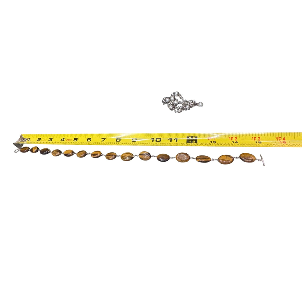 Tigers Eye & Sterling Silver Beaded Necklace Choker BibToggle Clasp 15" Gemstone
