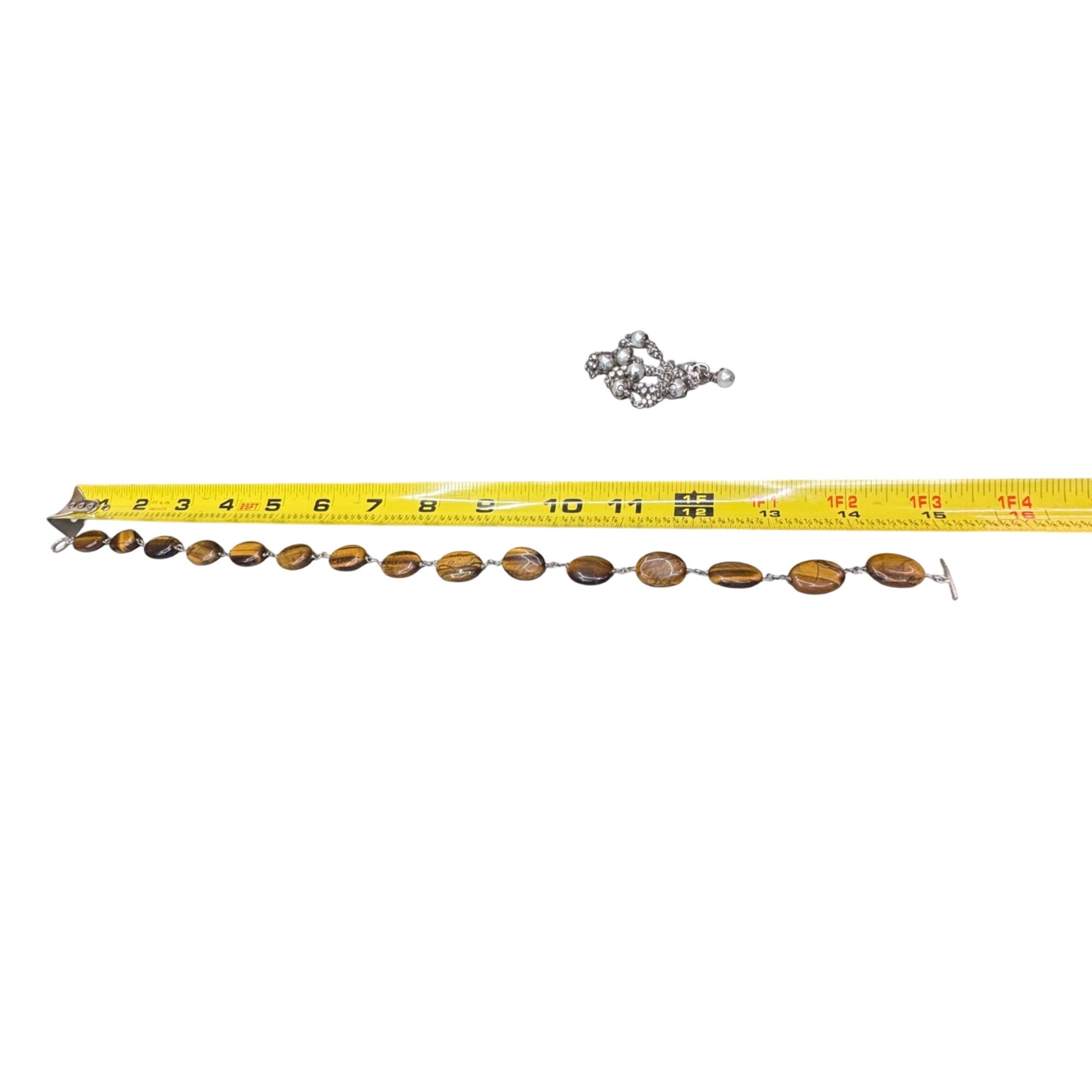 Tigers Eye & Sterling Silver Beaded Necklace Choker BibToggle Clasp 15" Gemstone