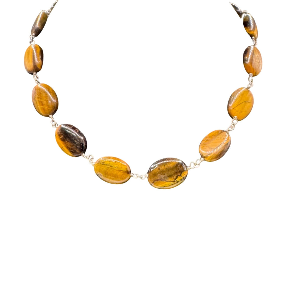 Tigers Eye & Sterling Silver Beaded Necklace Choker BibToggle Clasp 15" Gemstone
