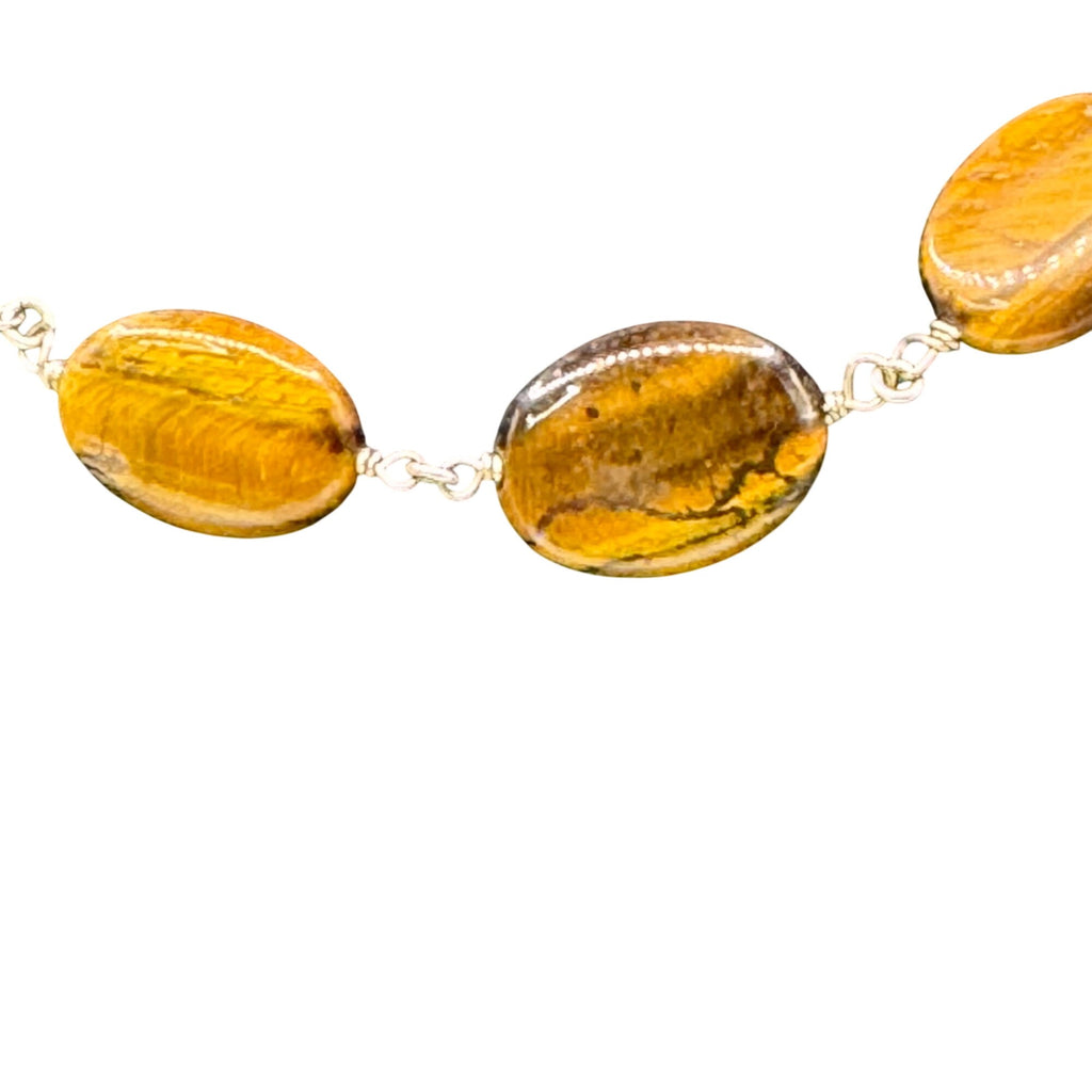 Tigers Eye & Sterling Silver Beaded Necklace Choker BibToggle Clasp 15" Gemstone