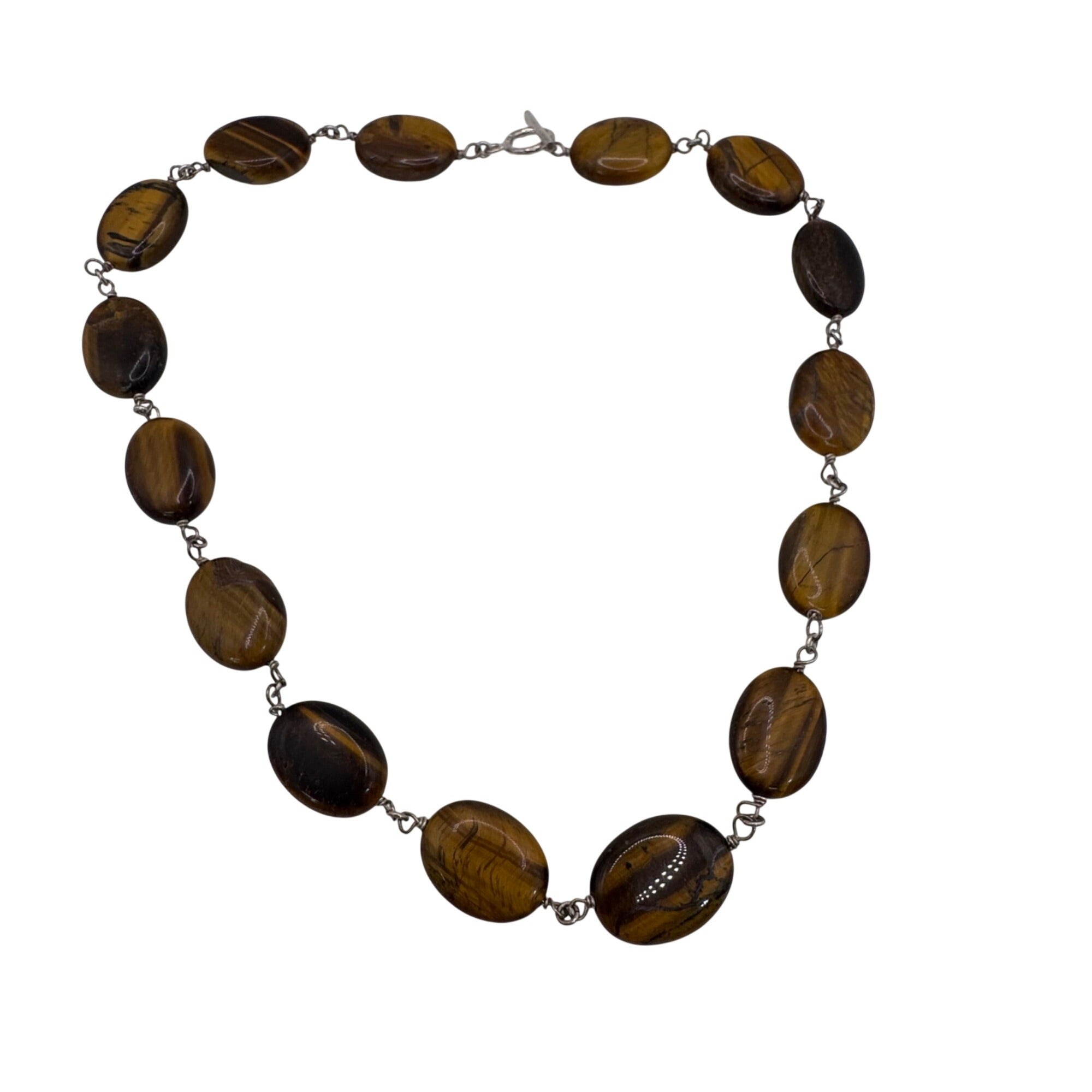 Tigers Eye & Sterling Silver Beaded Necklace Choker BibToggle Clasp 15" Gemstone