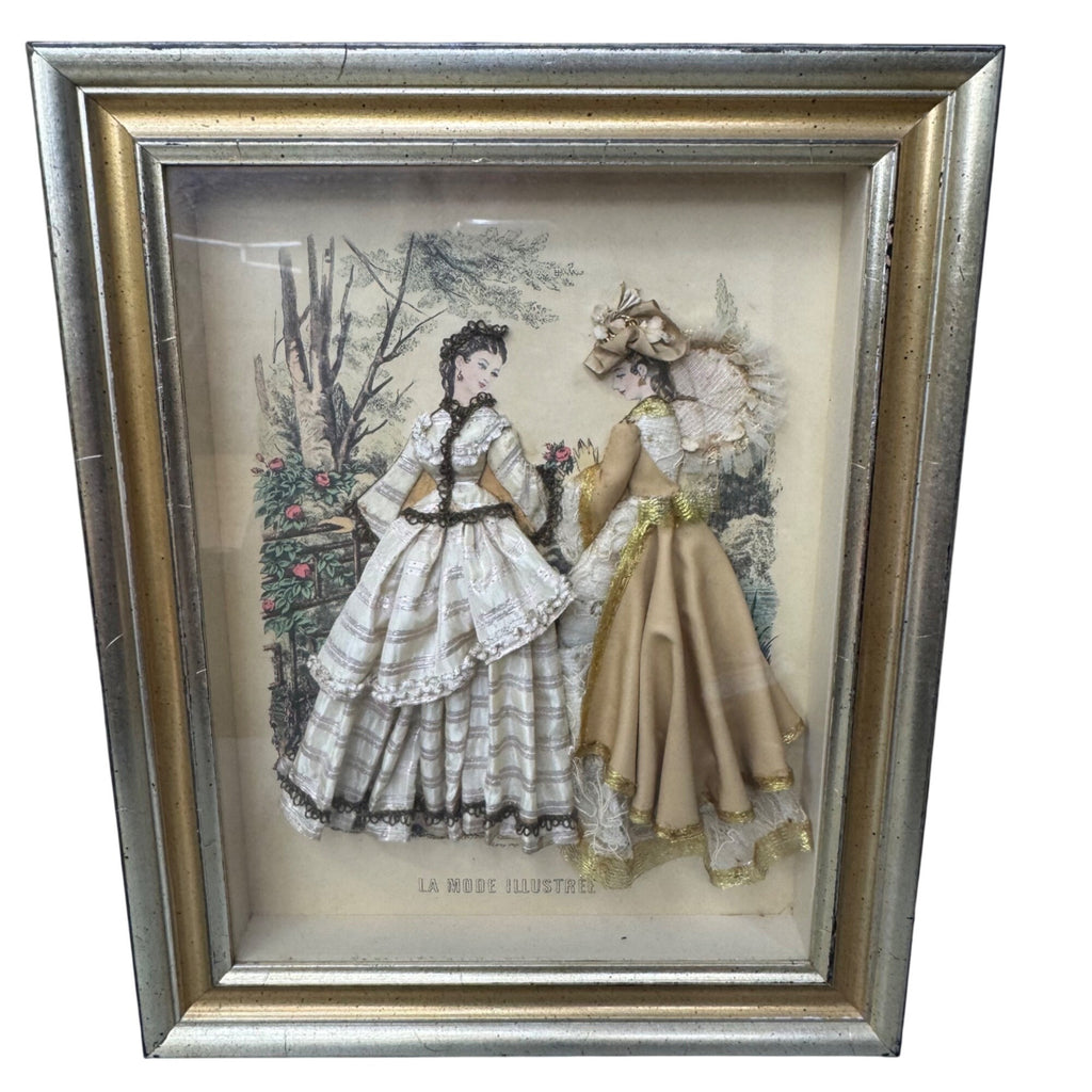 Antique La Mode Illustree Print 3D Shadow Box Gold Frame Fabric 12x15 Fashion