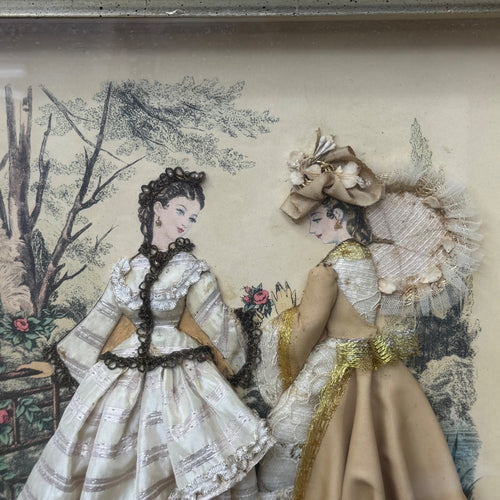 Antique La Mode Illustree Print 3D Shadow Box Gold Frame Fabric 12x15 Fashion
