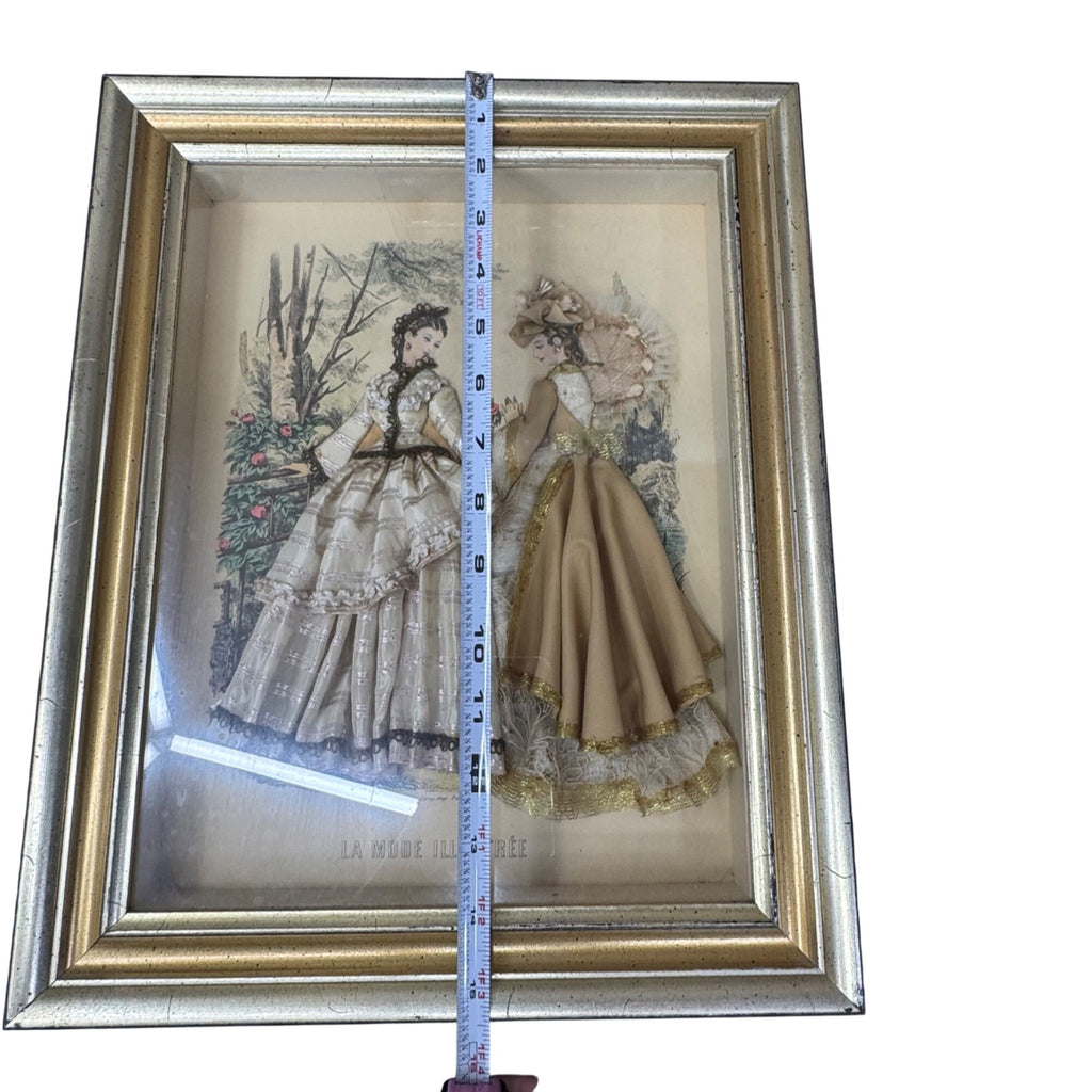 Antique La Mode Illustree Print 3D Shadow Box Gold Frame Fabric 12x15 Fashion