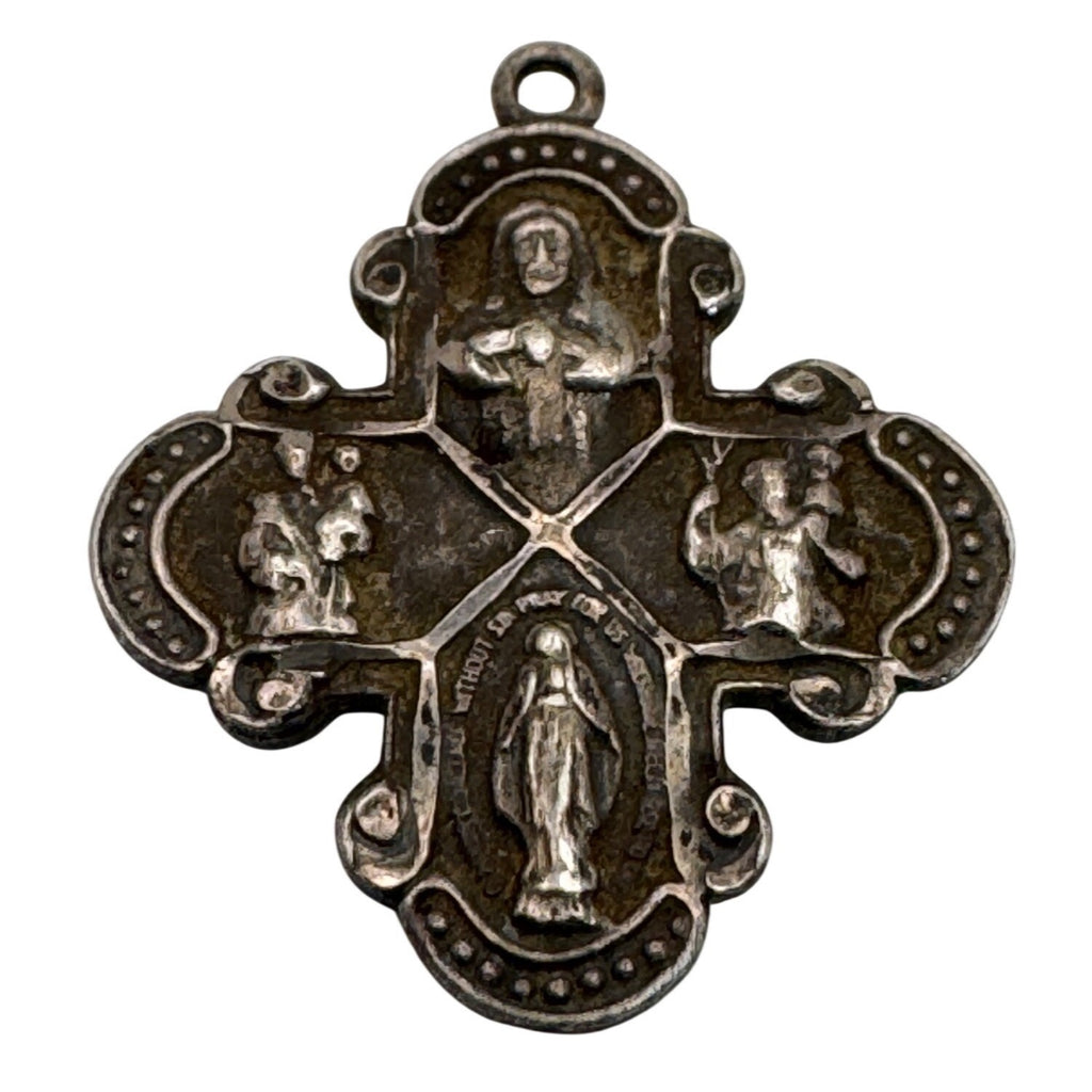 Four Way Catholic Cross Pendant With Religious Icons Vintage Sterling Silver 1"