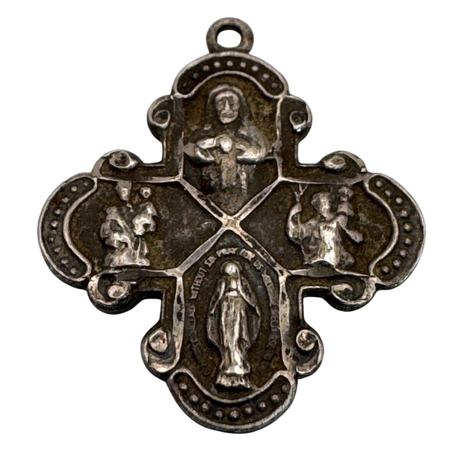 Four Way Catholic Cross Pendant With Religious Icons Vintage Sterling Silver 1"