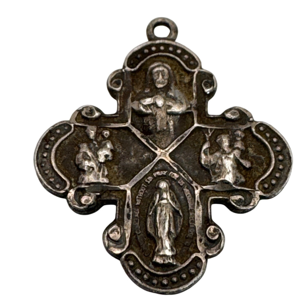 Four Way Catholic Cross Pendant With Religious Icons Vintage Sterling Silver 1"