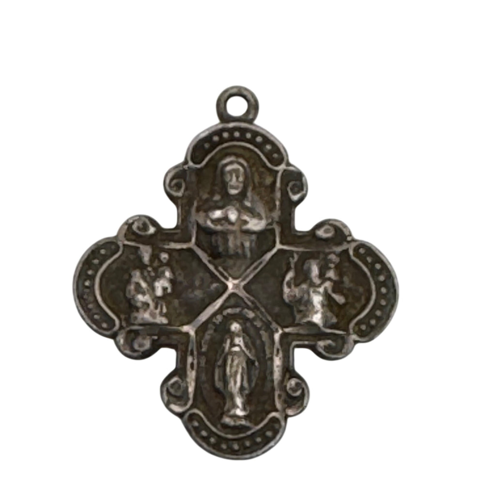 Four Way Catholic Cross Pendant With Religious Icons Vintage Sterling Silver 1"