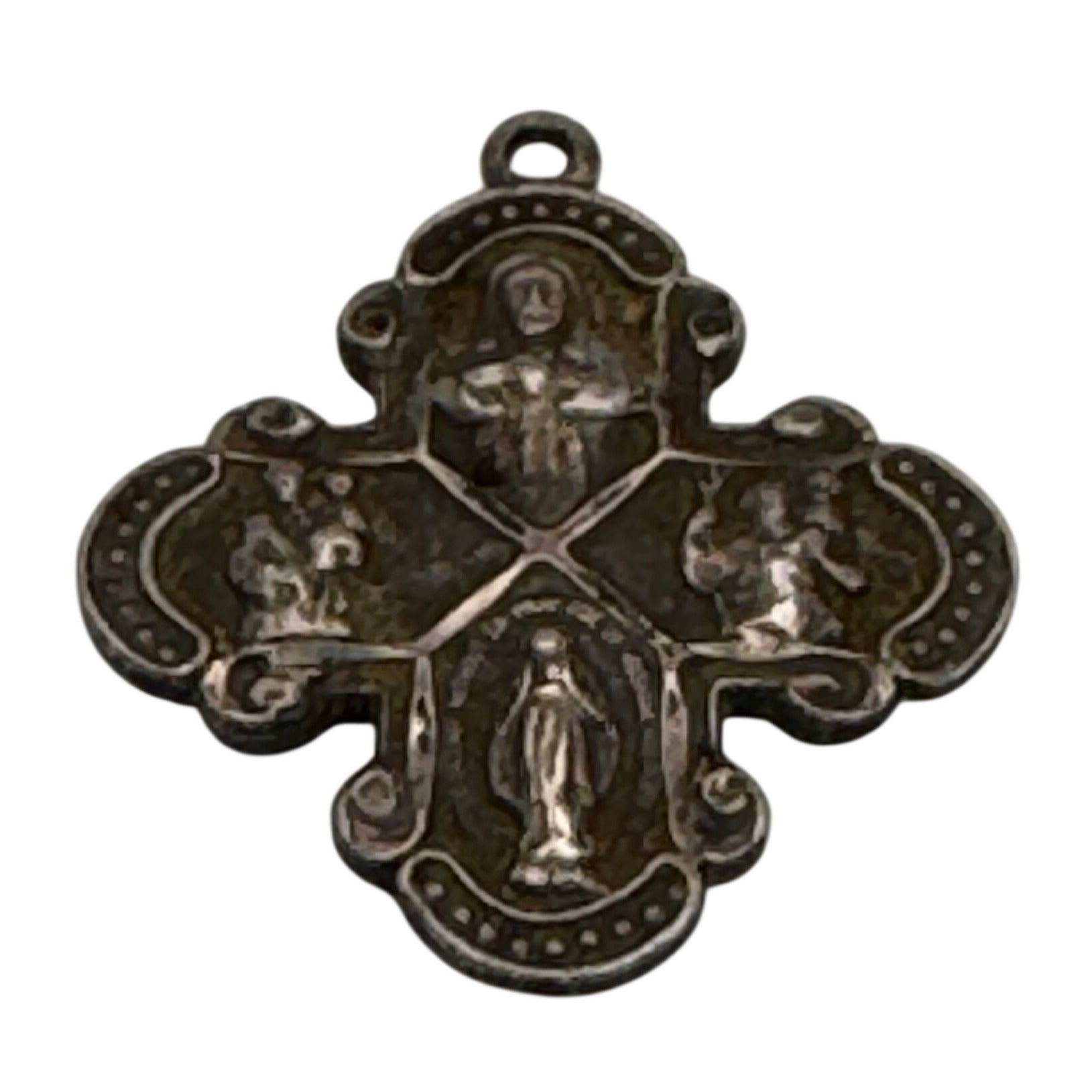 Four Way Catholic Cross Pendant With Religious Icons Vintage Sterling Silver 1"