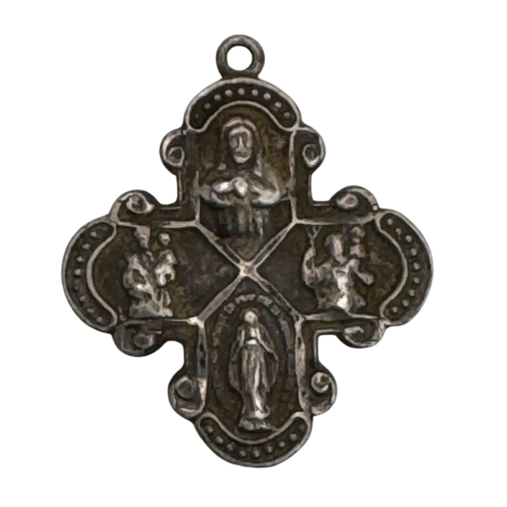 Four Way Catholic Cross Pendant With Religious Icons Vintage Sterling Silver 1"
