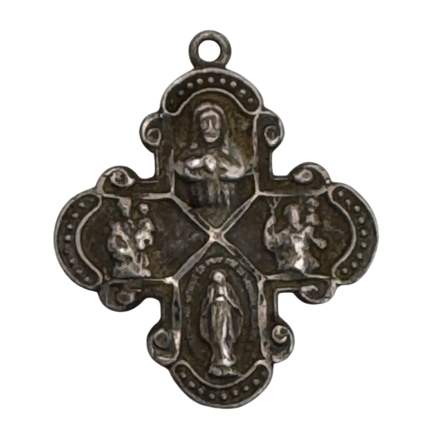 Four Way Catholic Cross Pendant With Religious Icons Vintage Sterling Silver 1"