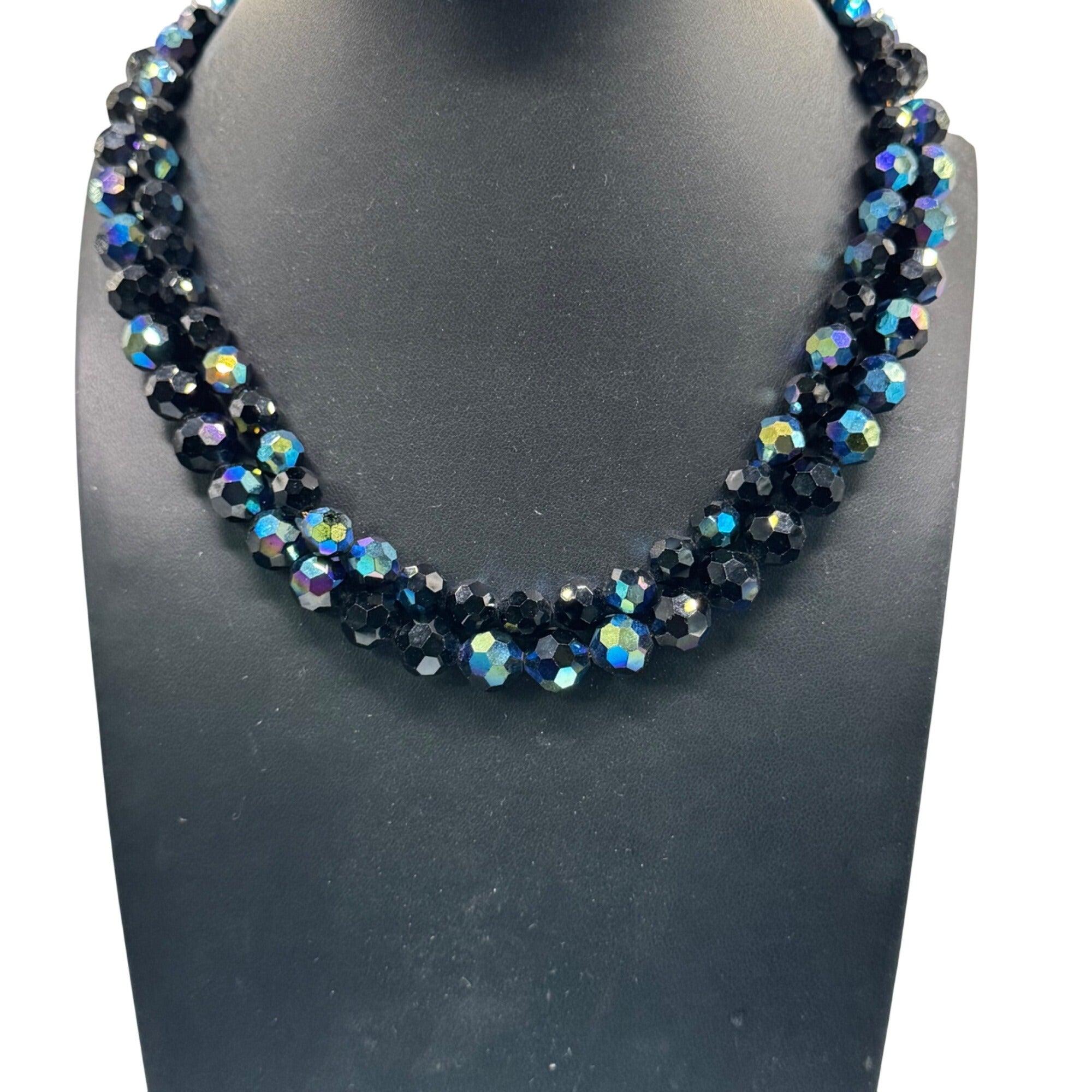 Vintage Faceted Blue Oil Spill Peacock Glass Bead Necklace Detailed Clasp 16.5"