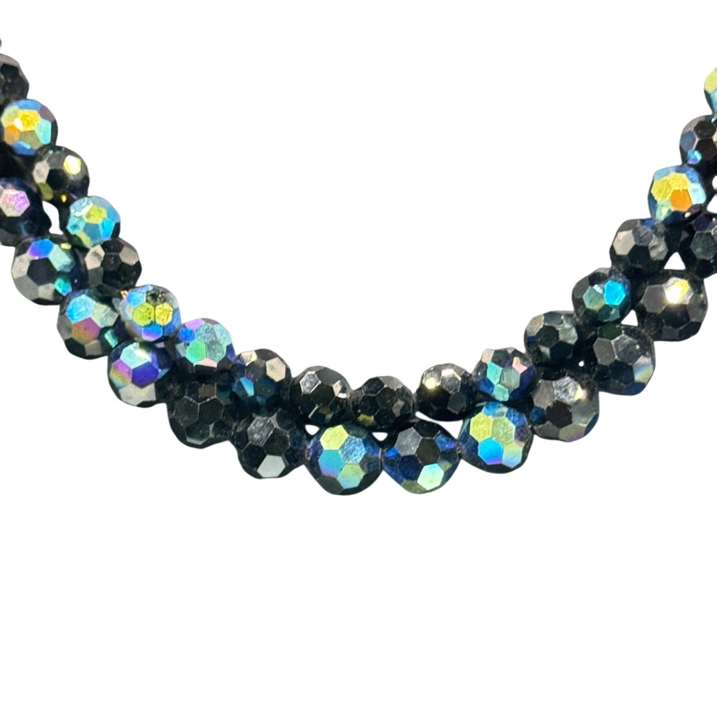 Vintage Faceted Blue Oil Spill Peacock Glass Bead Necklace Detailed Clasp 16.5"