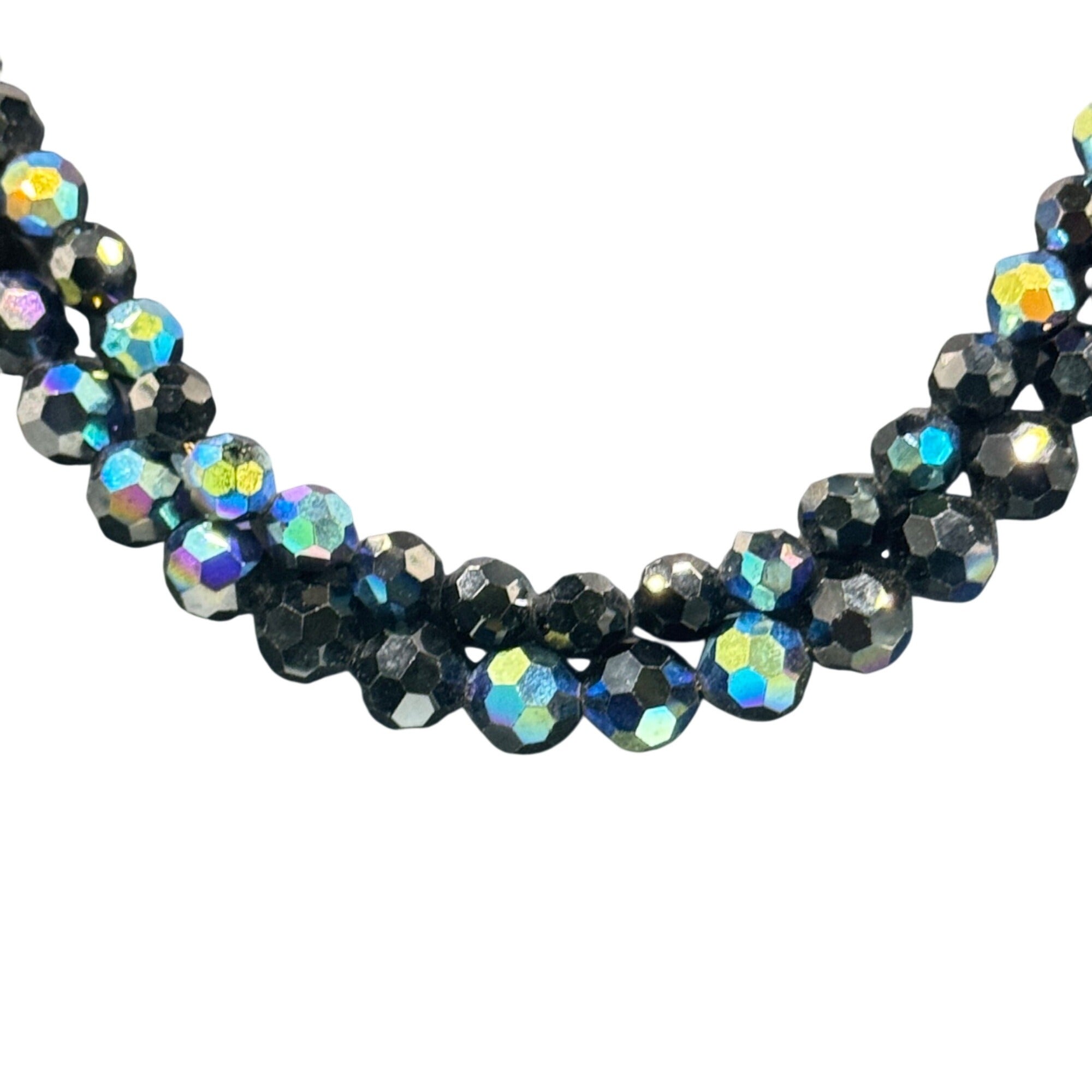 Vintage Faceted Blue Oil Spill Peacock Glass Bead Necklace Detailed Clasp 16.5"