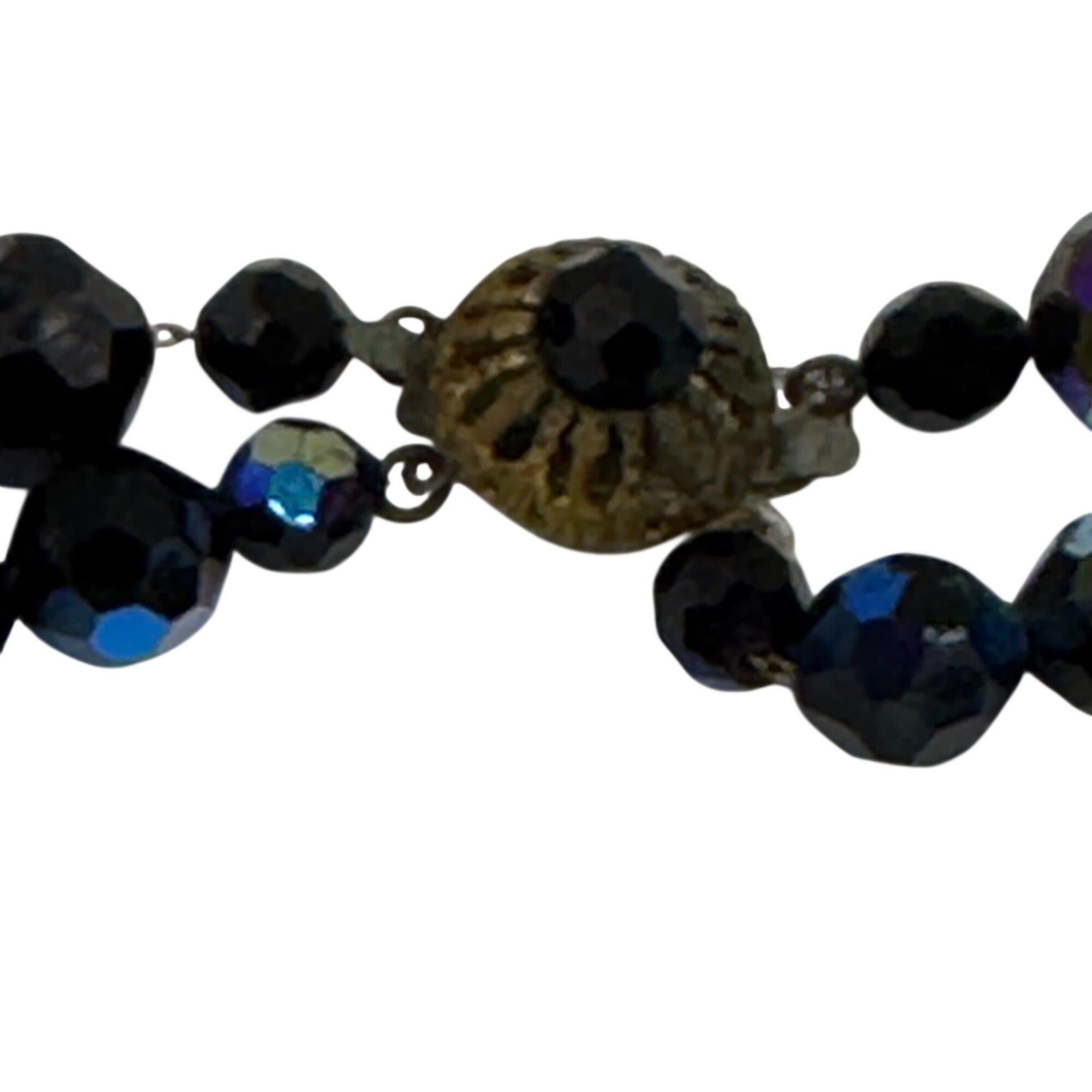 Vintage Faceted Blue Oil Spill Peacock Glass Bead Necklace Detailed Clasp 16.5"