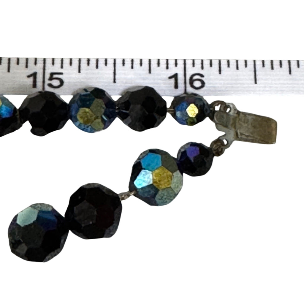 Vintage Faceted Blue Oil Spill Peacock Glass Bead Necklace Detailed Clasp 16.5"