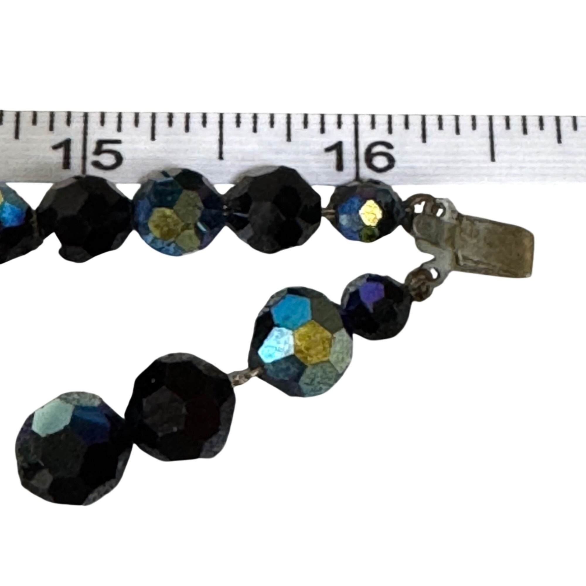 Vintage Faceted Blue Oil Spill Peacock Glass Bead Necklace Detailed Clasp 16.5"