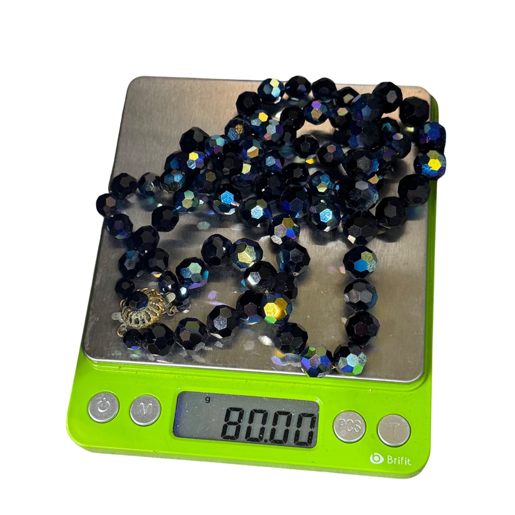 Vintage Faceted Blue Oil Spill Peacock Glass Bead Necklace Detailed Clasp 16.5"