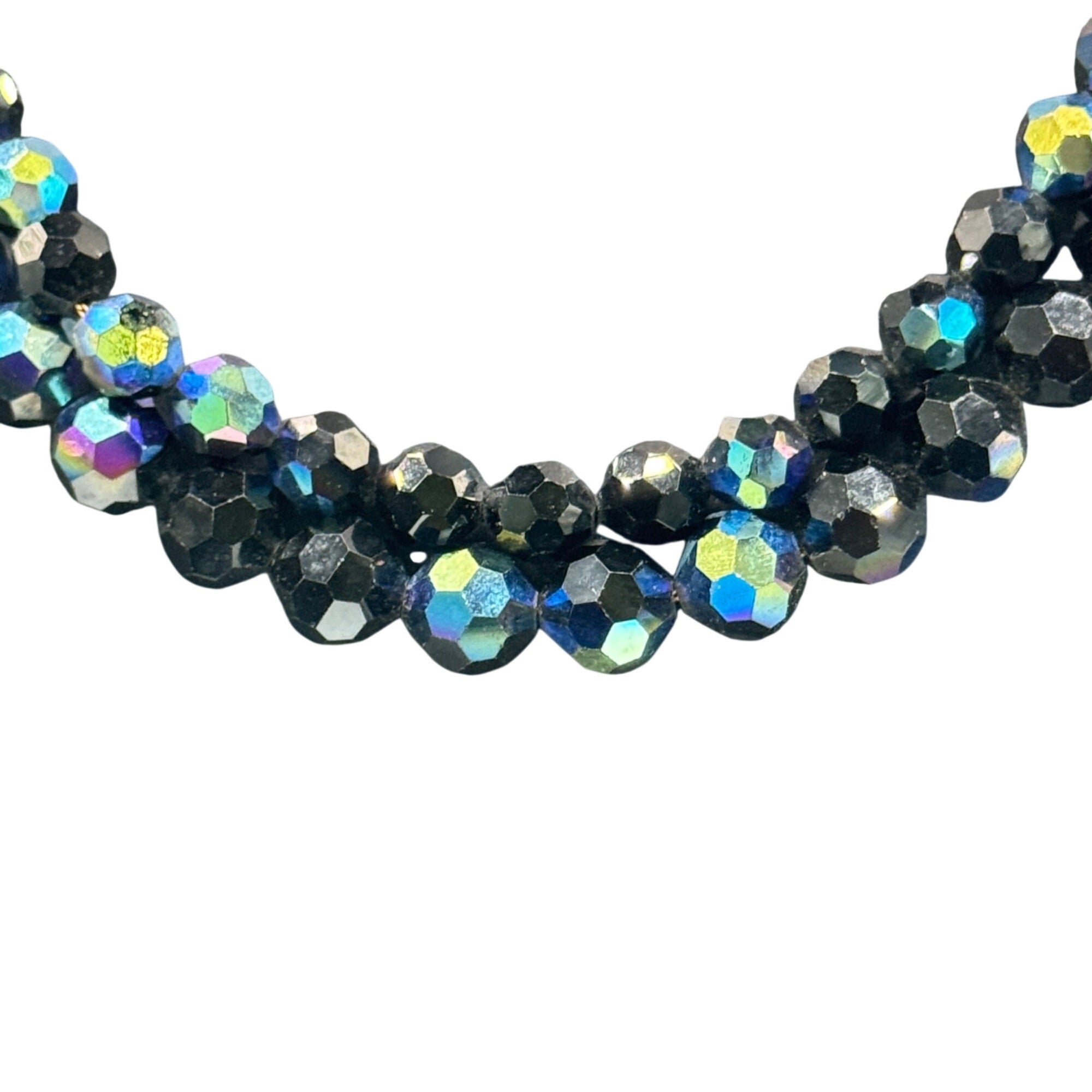 Vintage Faceted Blue Oil Spill Peacock Glass Bead Necklace Detailed Clasp 16.5"