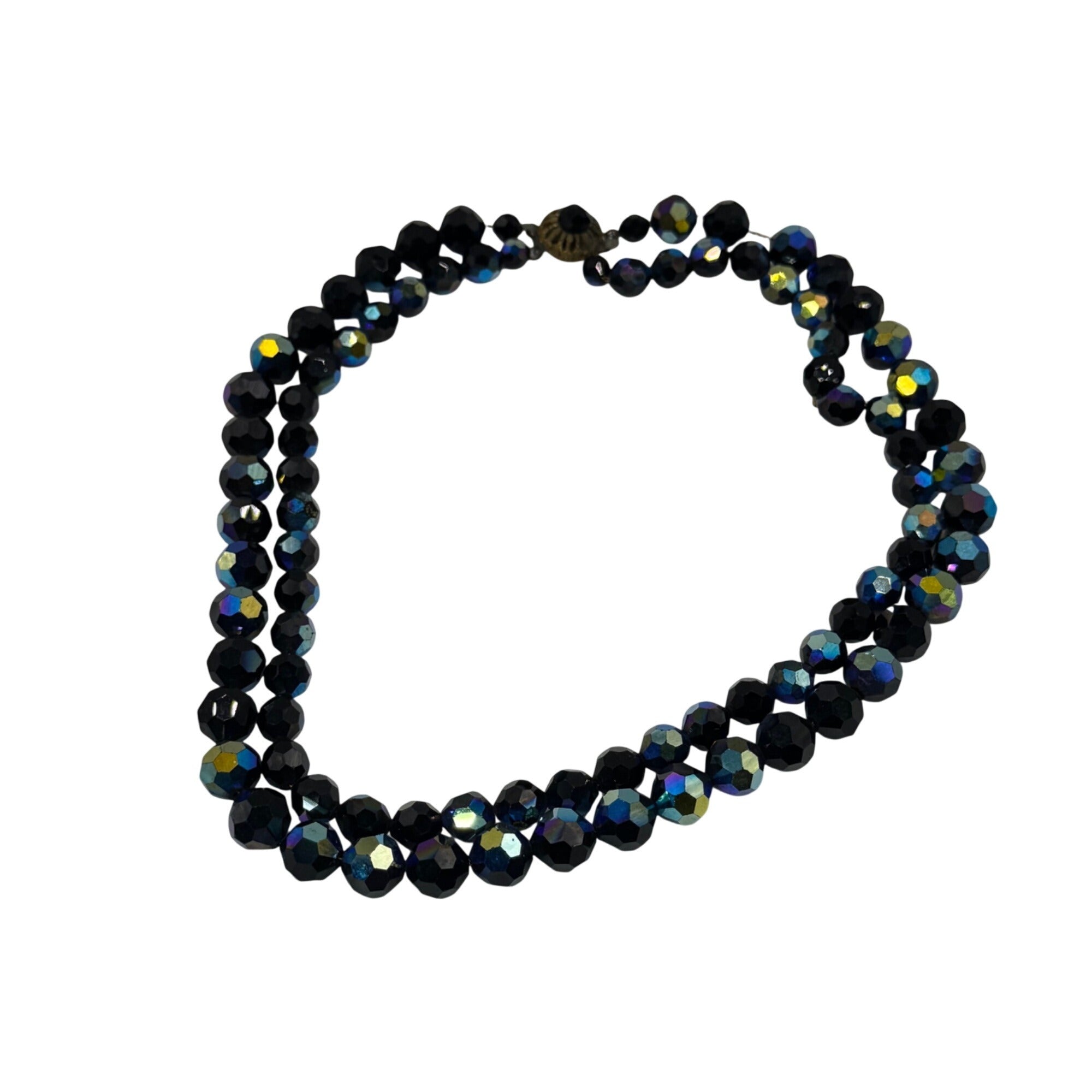 Vintage Faceted Blue Oil Spill Peacock Glass Bead Necklace Detailed Clasp 16.5"