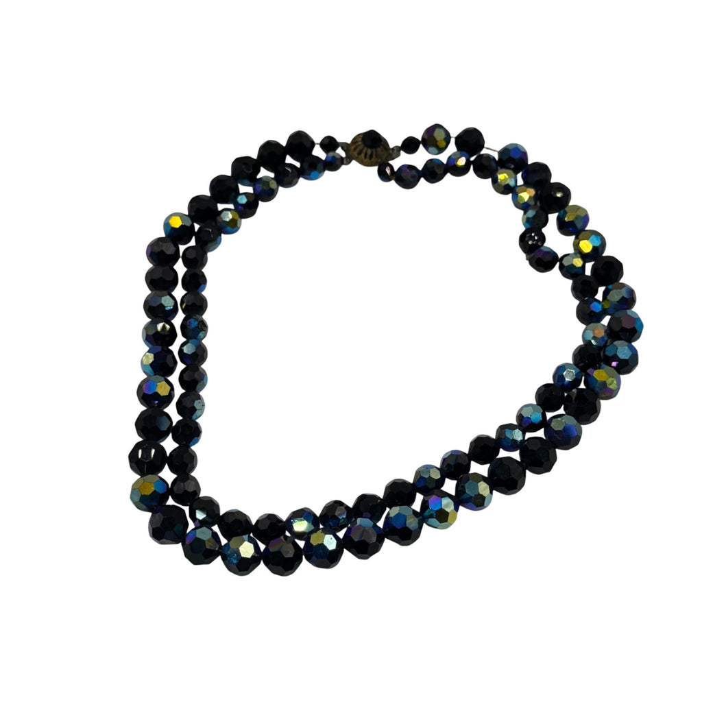 Vintage Faceted Blue Oil Spill Peacock Glass Bead Necklace Detailed Clasp 16.5"