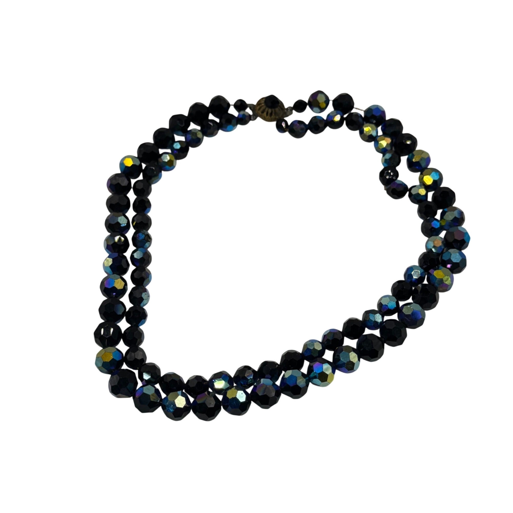 Vintage Faceted Blue Oil Spill Peacock Glass Bead Necklace Detailed Clasp 16.5"