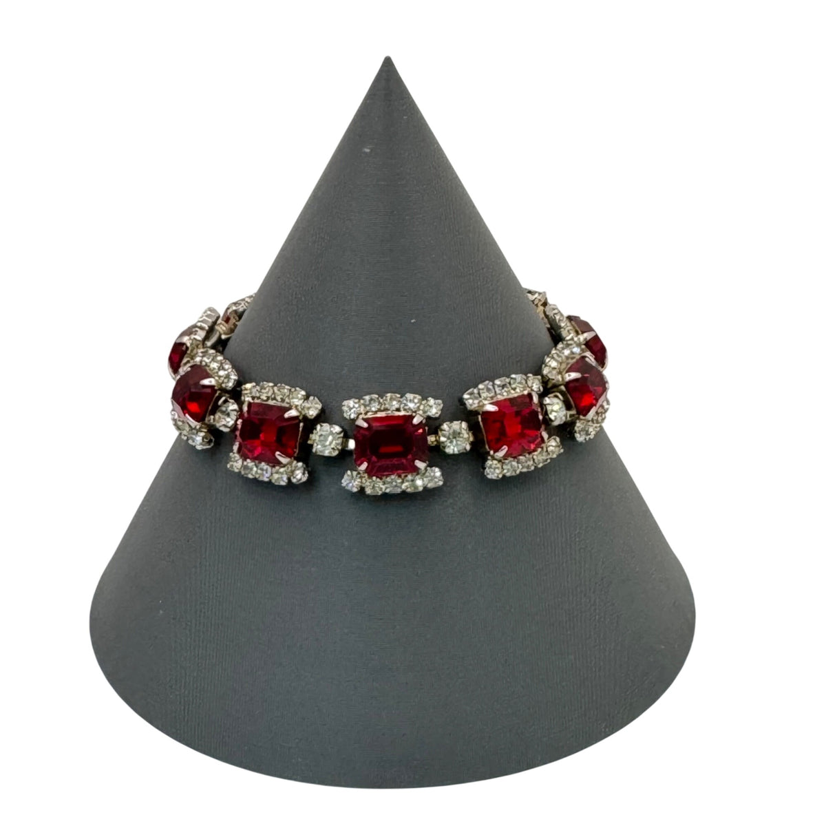 Regency Red Rhinestone Tennis Bracelet Silver-Tone Setting Mid-Century Vintage
