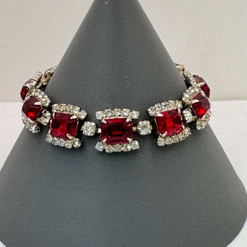 Regency Red Rhinestone Tennis Bracelet Silver-Tone Setting Mid-Century Vintage