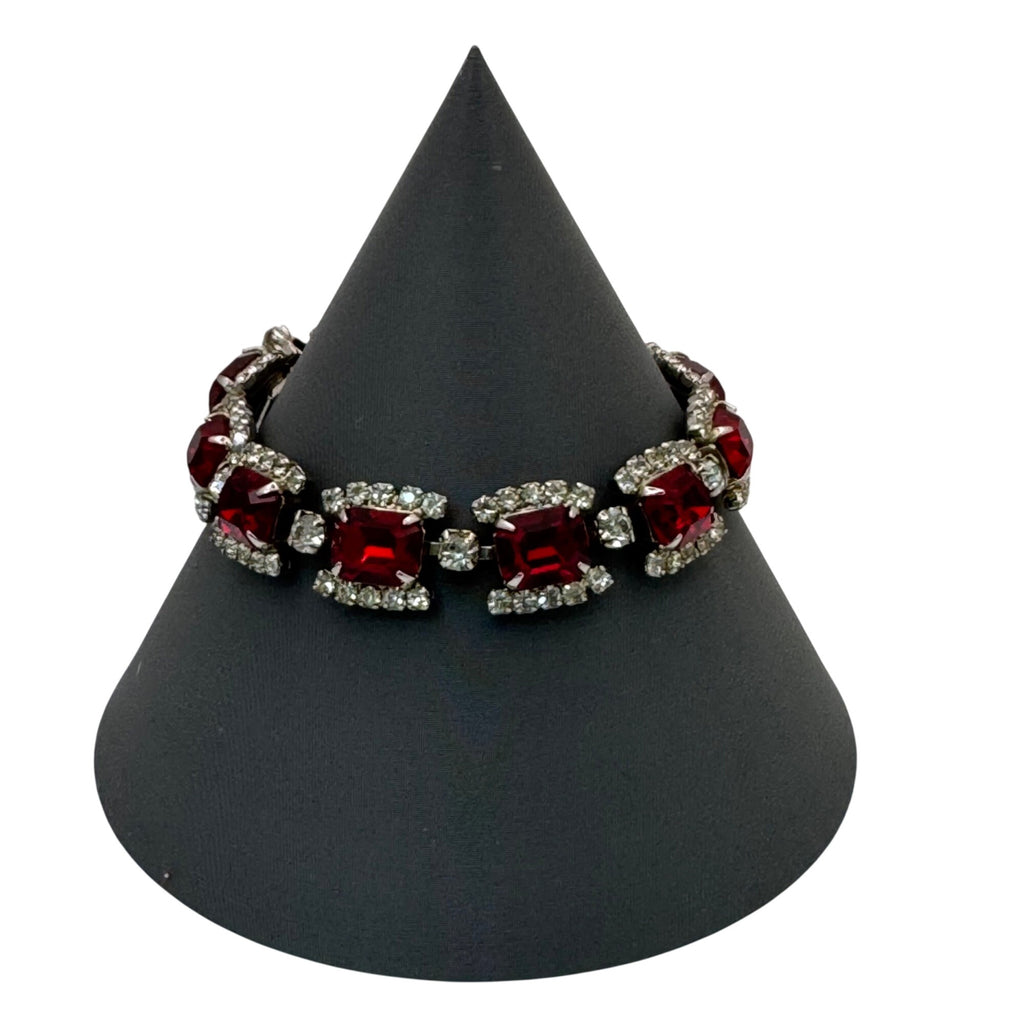 Regency Red Rhinestone Tennis Bracelet Silver-Tone Setting Mid-Century Vintage