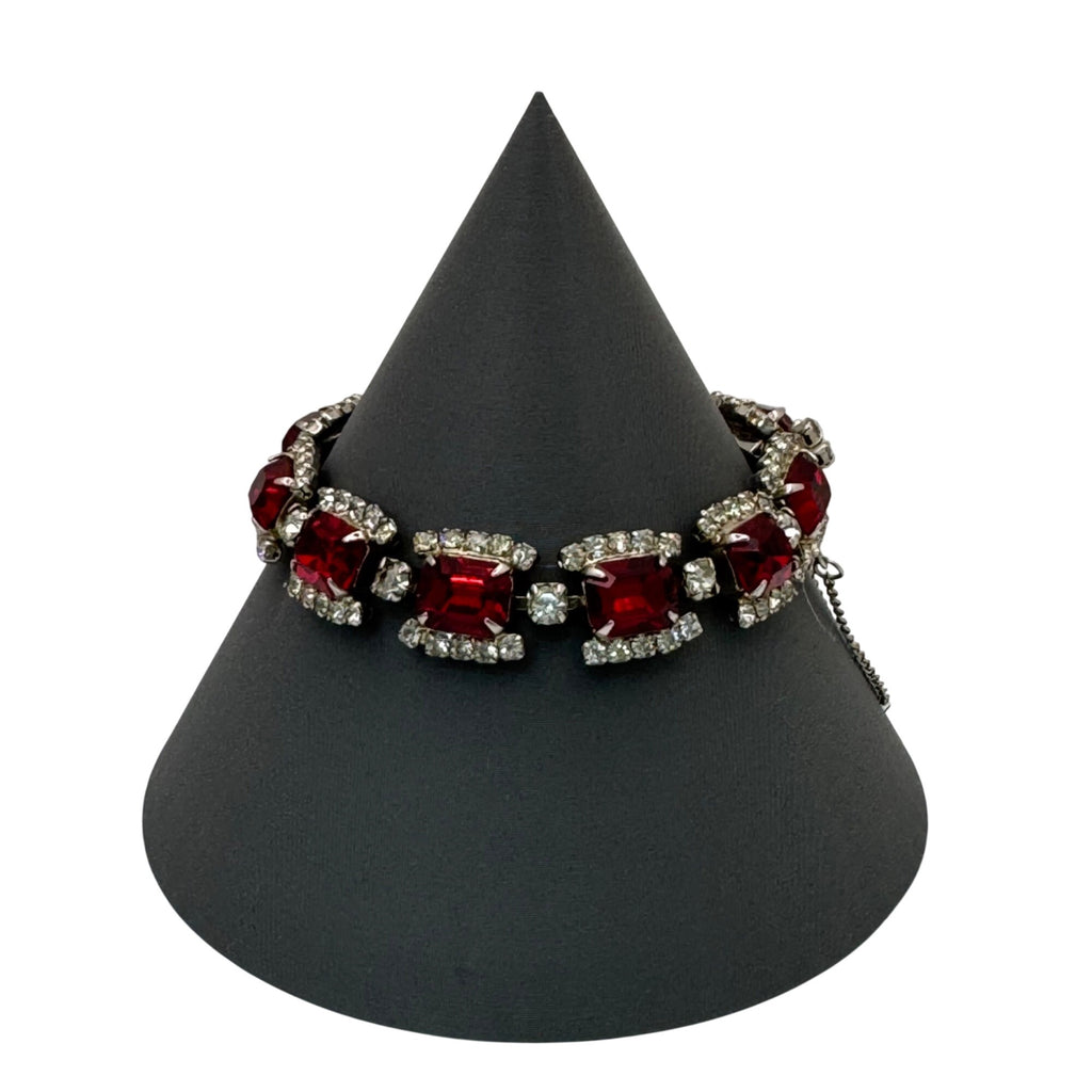 Regency Red Rhinestone Tennis Bracelet Silver-Tone Setting Mid-Century Vintage