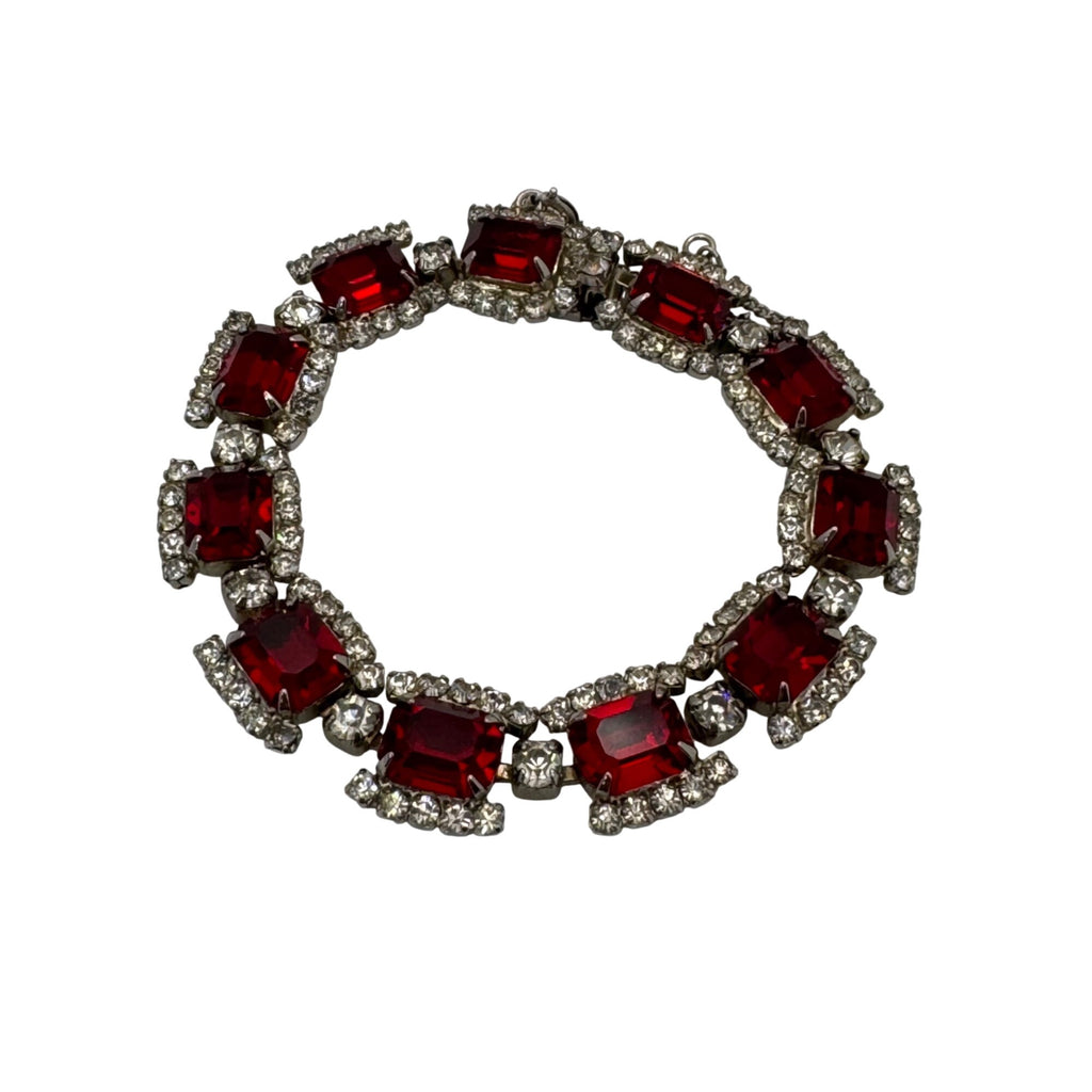 Regency Red Rhinestone Tennis Bracelet Silver-Tone Setting Mid-Century Vintage