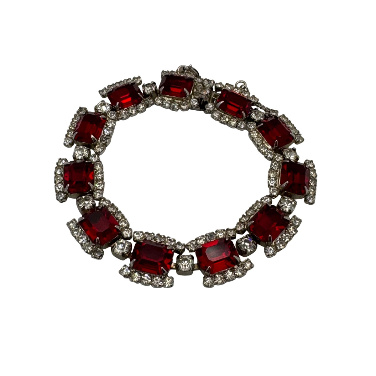Regency Red Rhinestone Tennis Bracelet Silver-Tone Setting Mid-Century Vintage