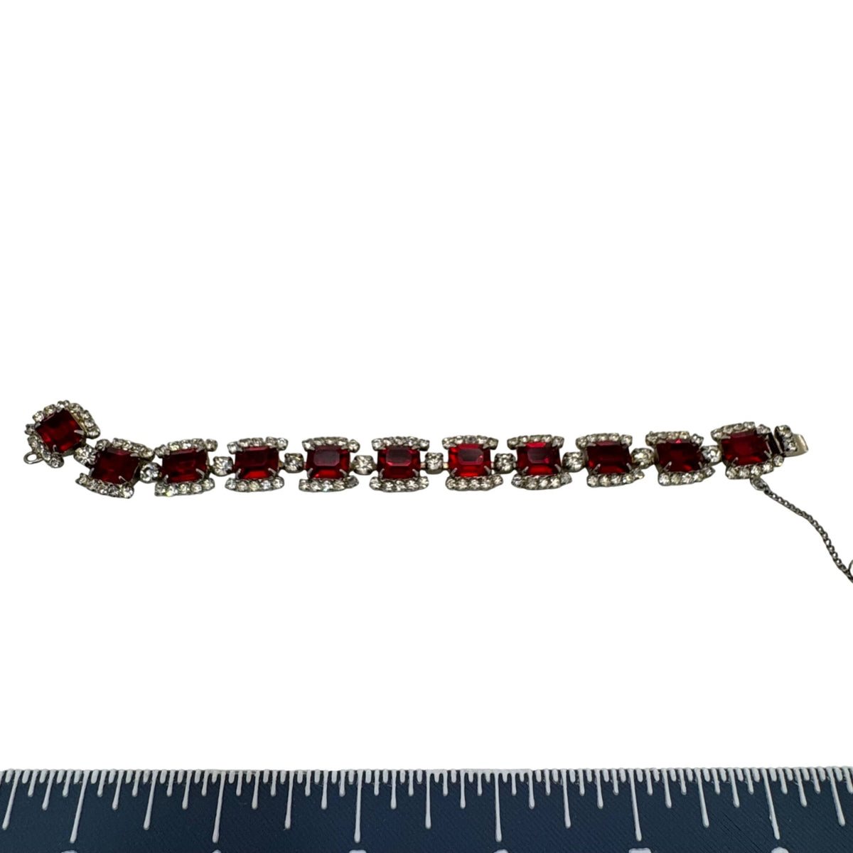 Regency Red Rhinestone Tennis Bracelet Silver-Tone Setting Mid-Century Vintage